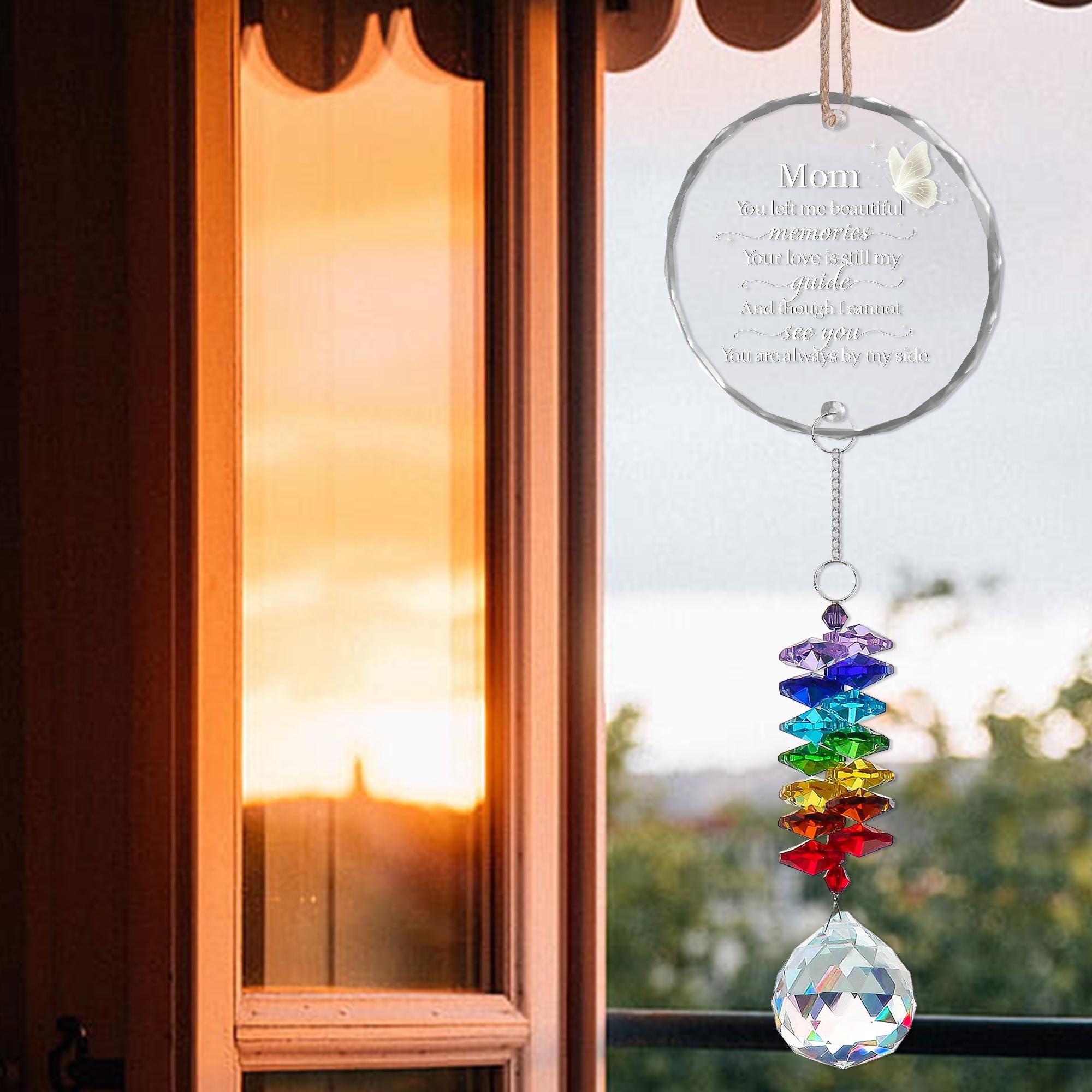 Mom Memorial Glass Ornament with White Butterfly Charm and Crystal Rainbow Suncatcher