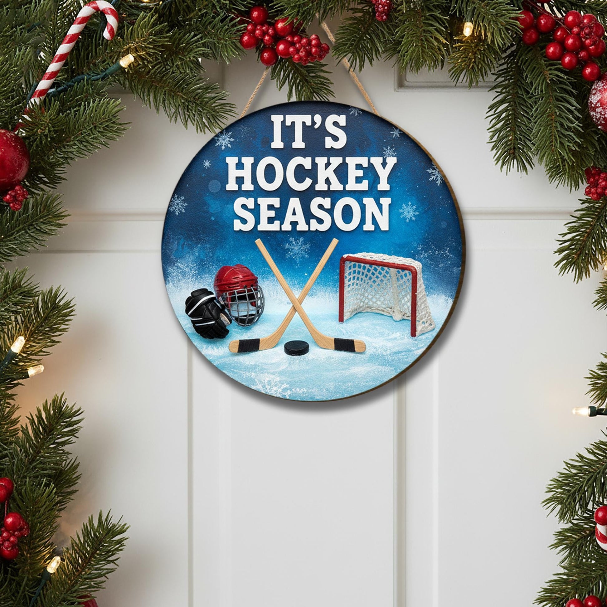 Hockey Season Door Sign - Wooden Winter Sports Home Decor Wall Hanger