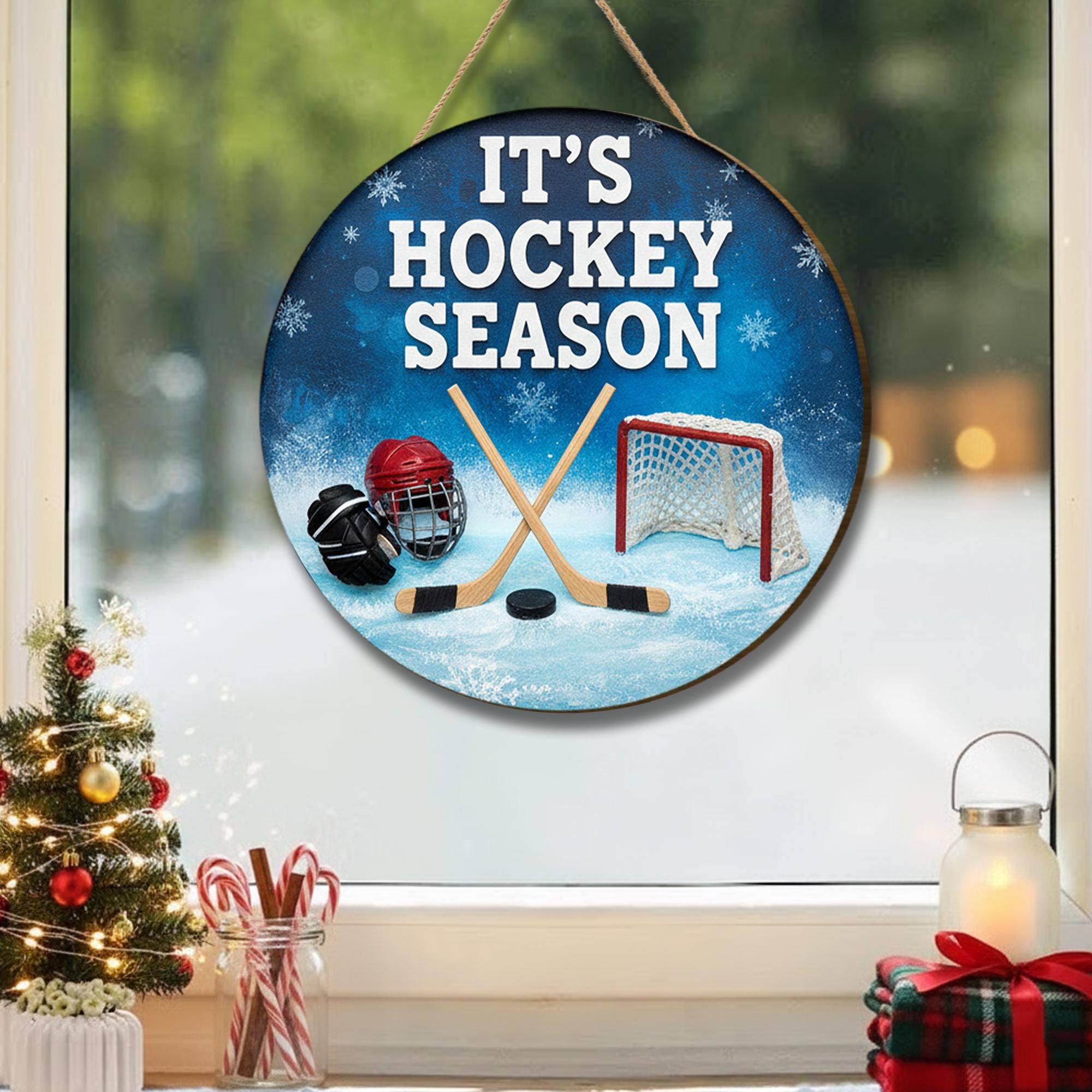 Hockey Season Door Sign - Wooden Winter Sports Home Decor Wall Hanger