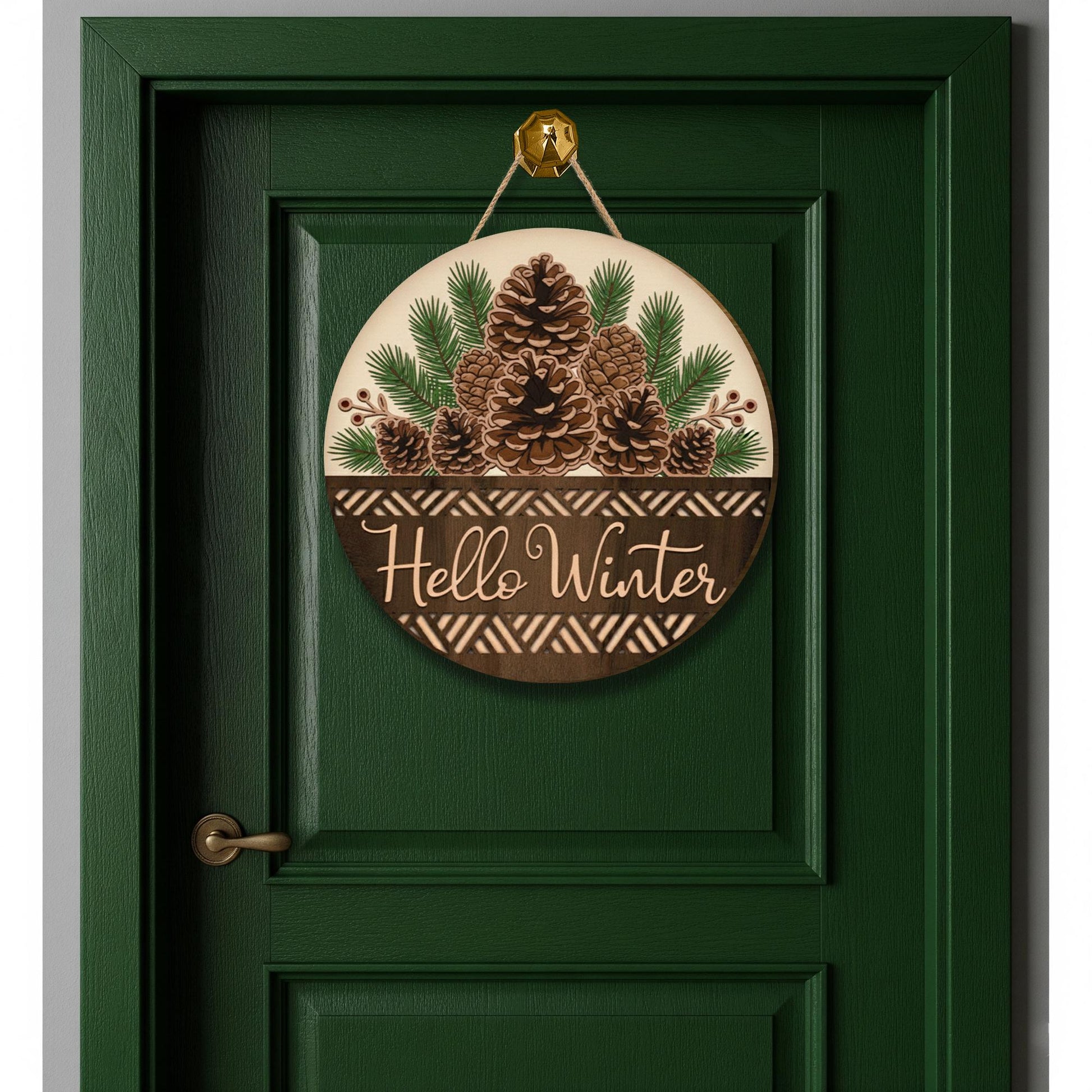 Hello Winter 2-Layer Door Sign - Rustic Pinecone Wreath Seasonal Home Decor