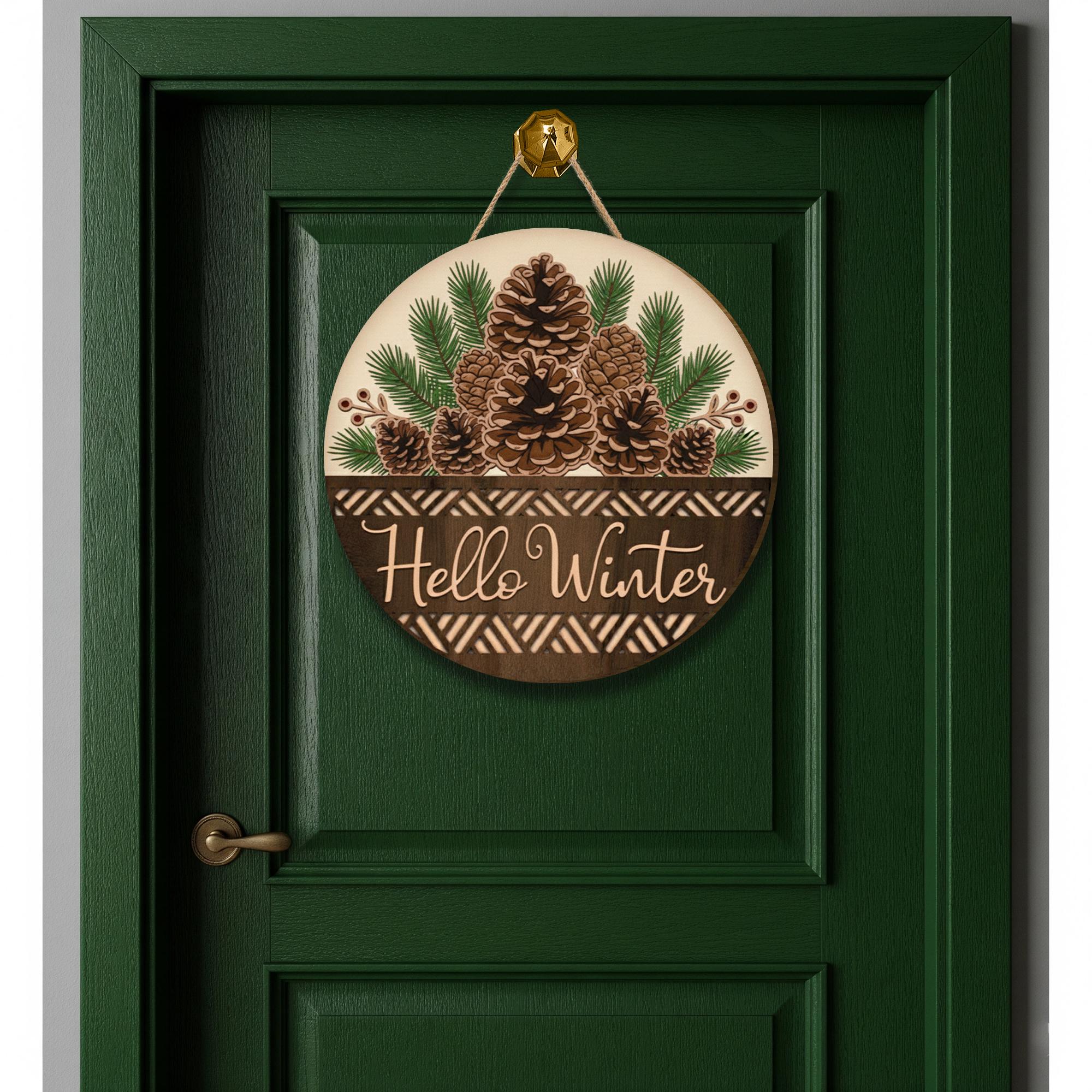 Hello Winter 2-Layer Door Sign - Rustic Pinecone Wreath Seasonal Home Decor