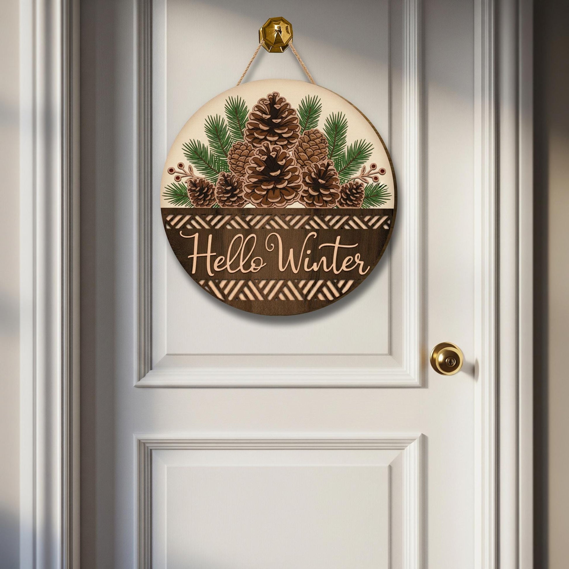 Hello Winter 2-Layer Door Sign - Rustic Pinecone Wreath Seasonal Home Decor