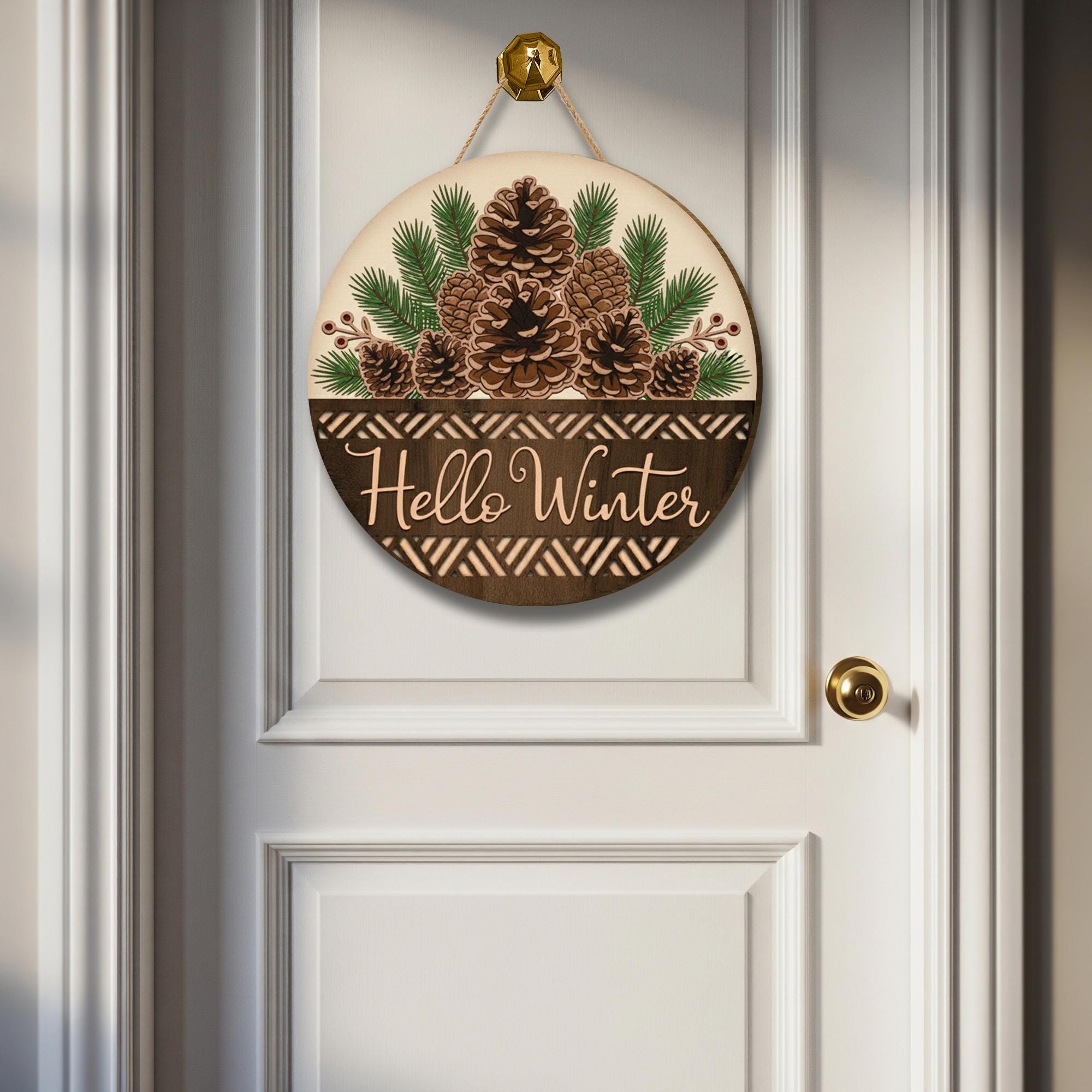 Hello Winter 2-Layer Door Sign - Rustic Pinecone Wreath Seasonal Home Decor