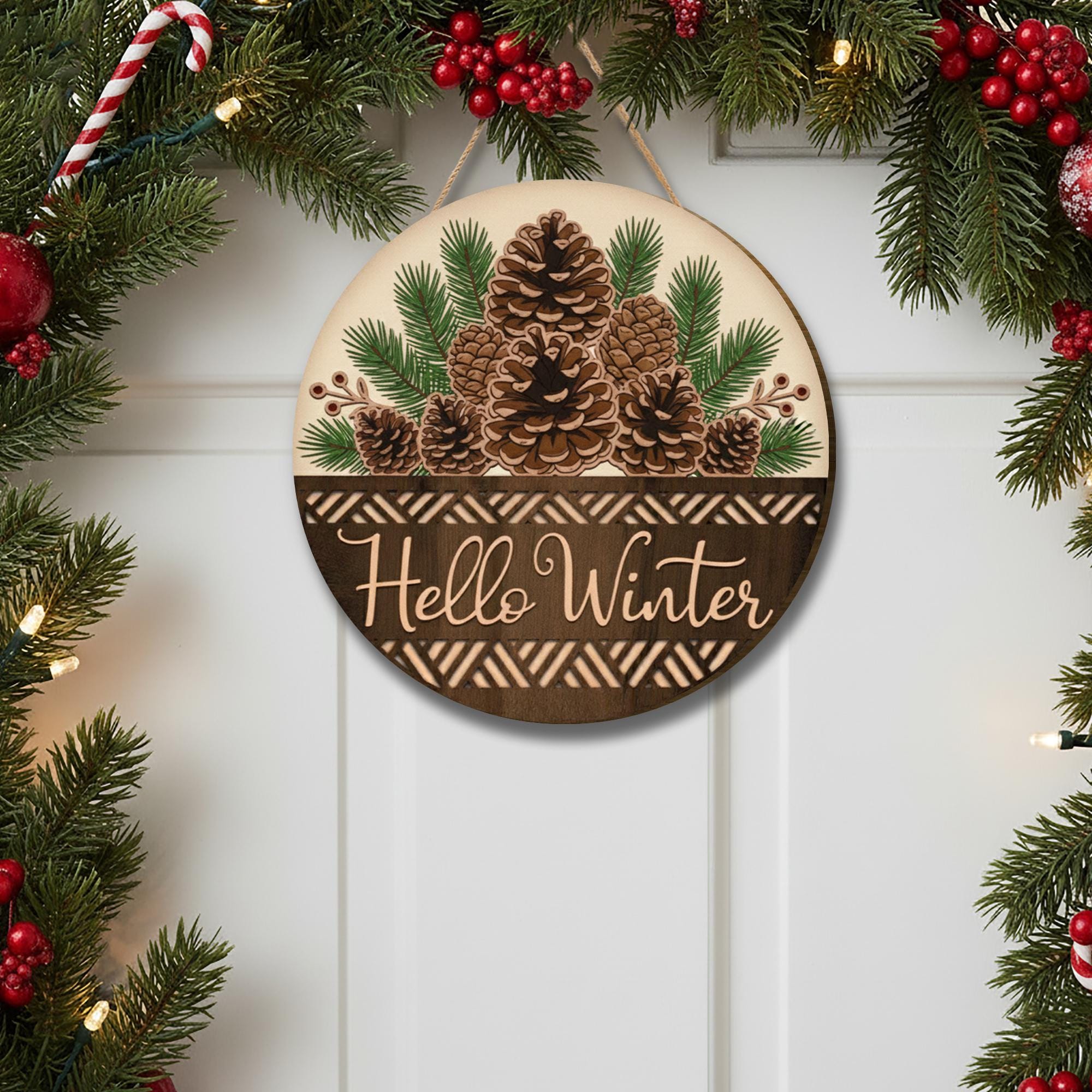 Hello Winter 2-Layer Door Sign - Rustic Pinecone Wreath Seasonal Home Decor