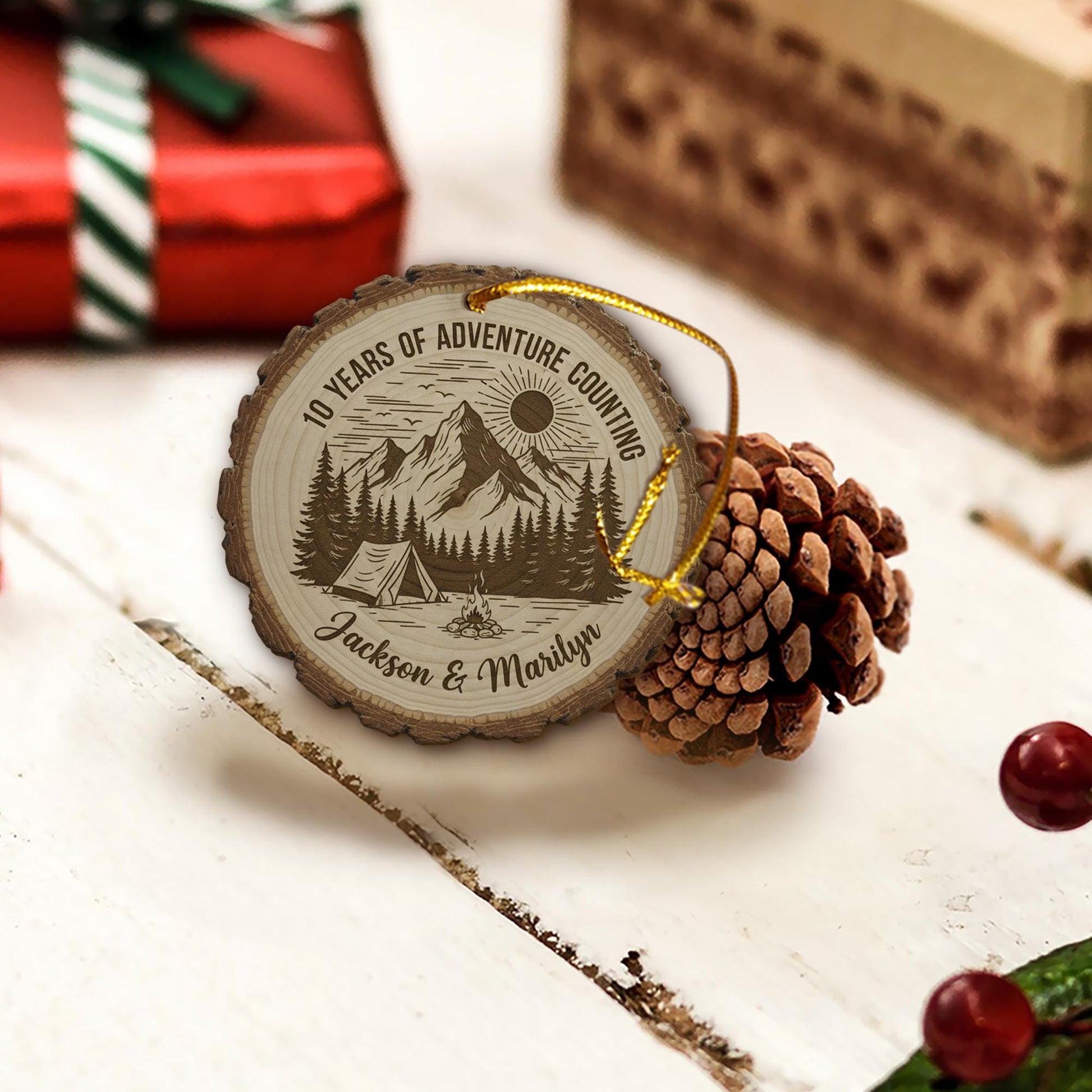 10 Year Anniversary Ornament - Personalized Adventure Couple Wood Slice Gift