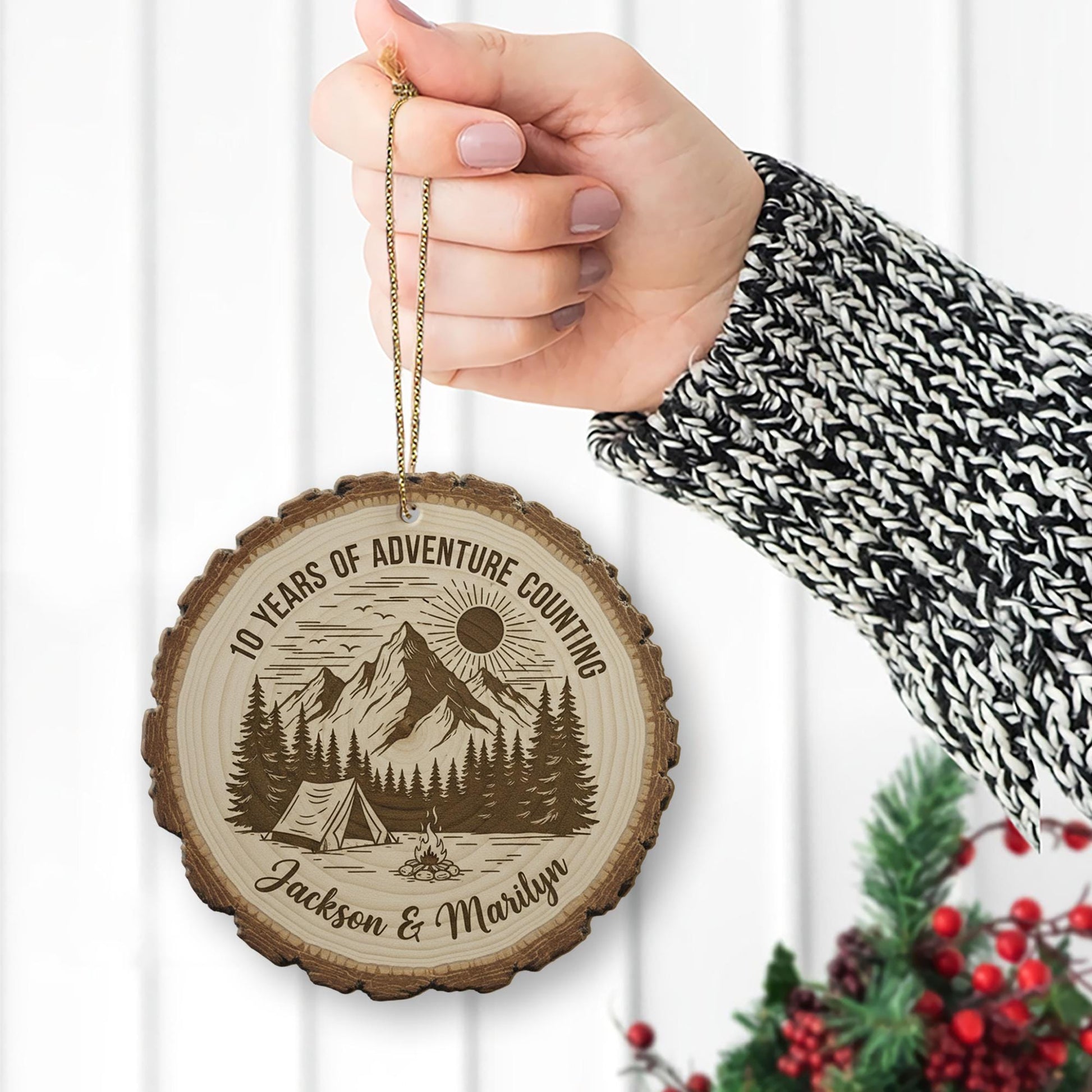 10 Year Anniversary Ornament - Personalized Adventure Couple Wood Slice Gift