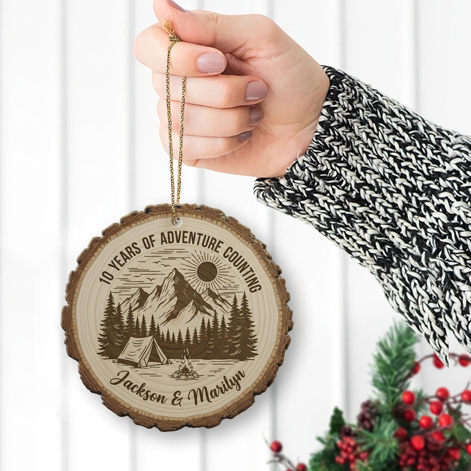 10 Year Anniversary Ornament - Personalized Adventure Couple Wood Slice Gift