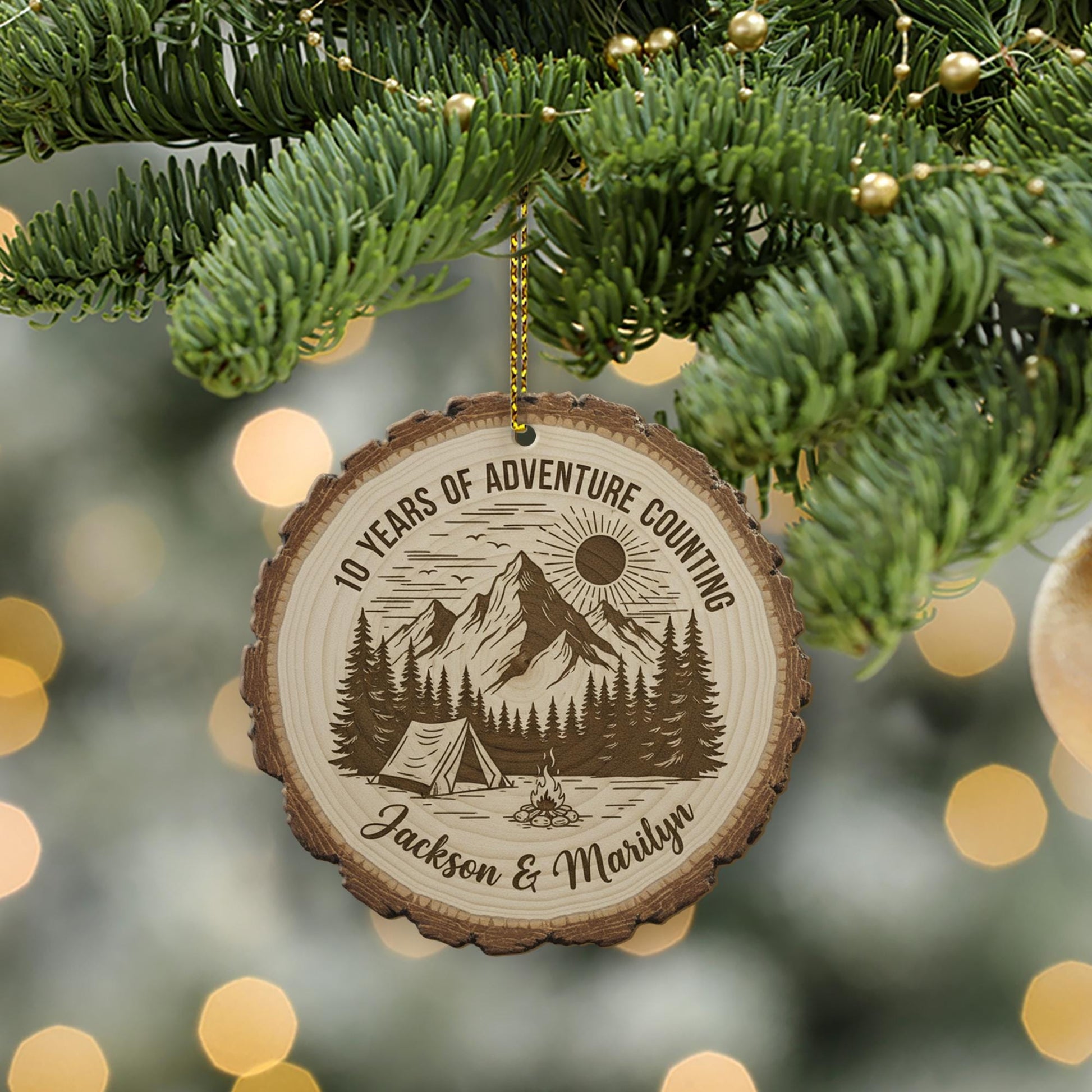 10 Year Anniversary Ornament - Personalized Adventure Couple Wood Slice Gift