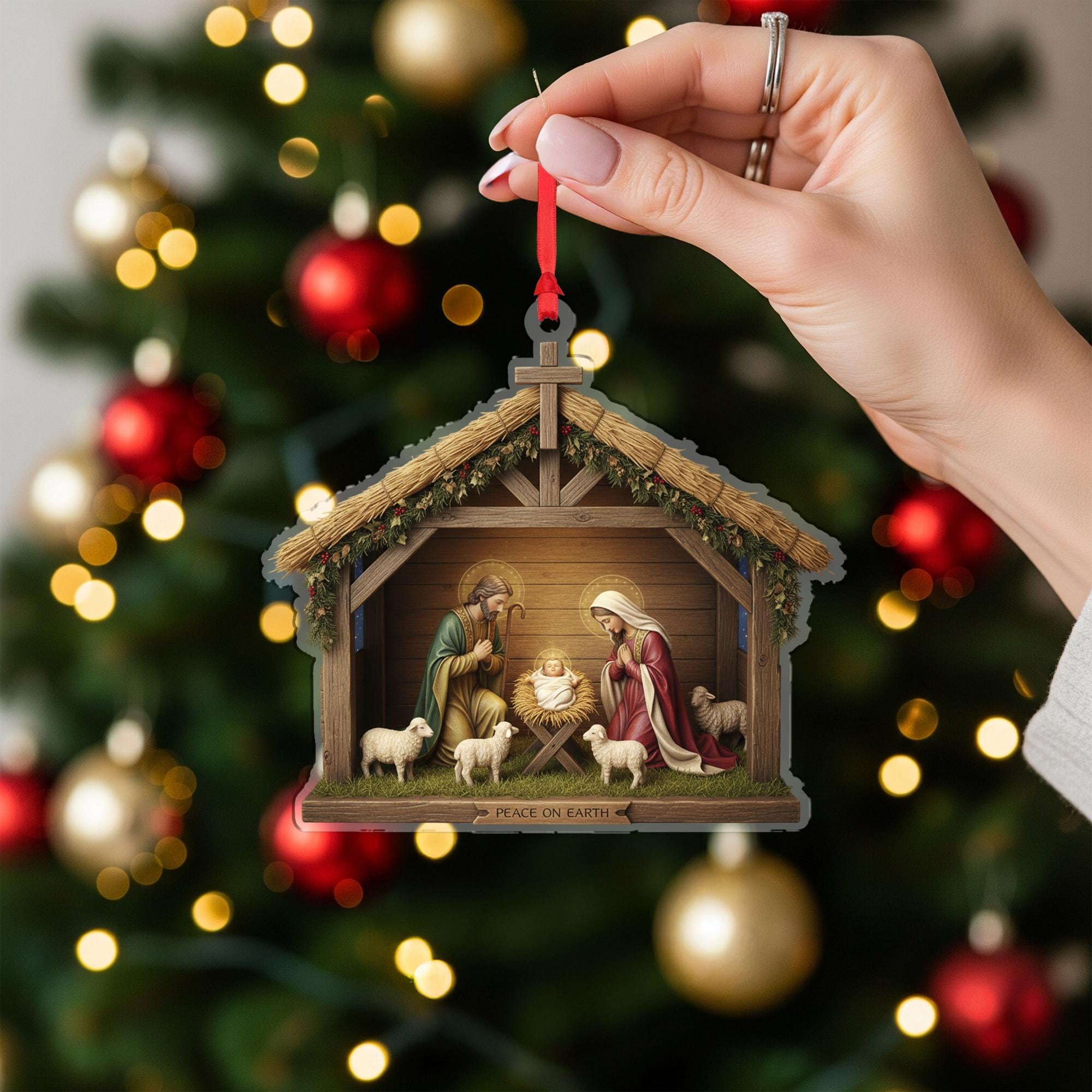 Nativity Ornament – “Peace on Earth” Religious Christmas Tree Hanging Decoration