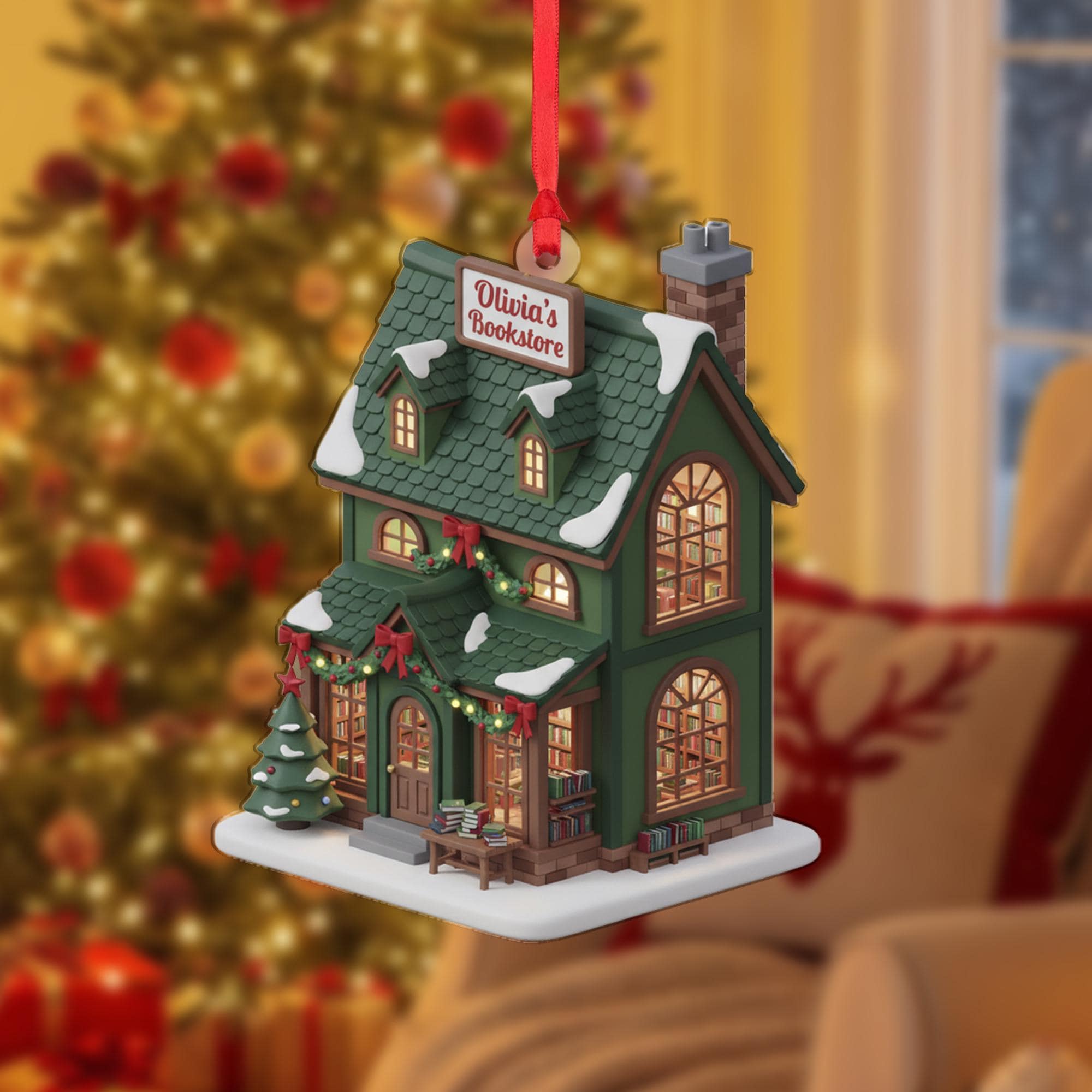 Personalized Bookstore Christmas Ornament: Miniature Building Decor