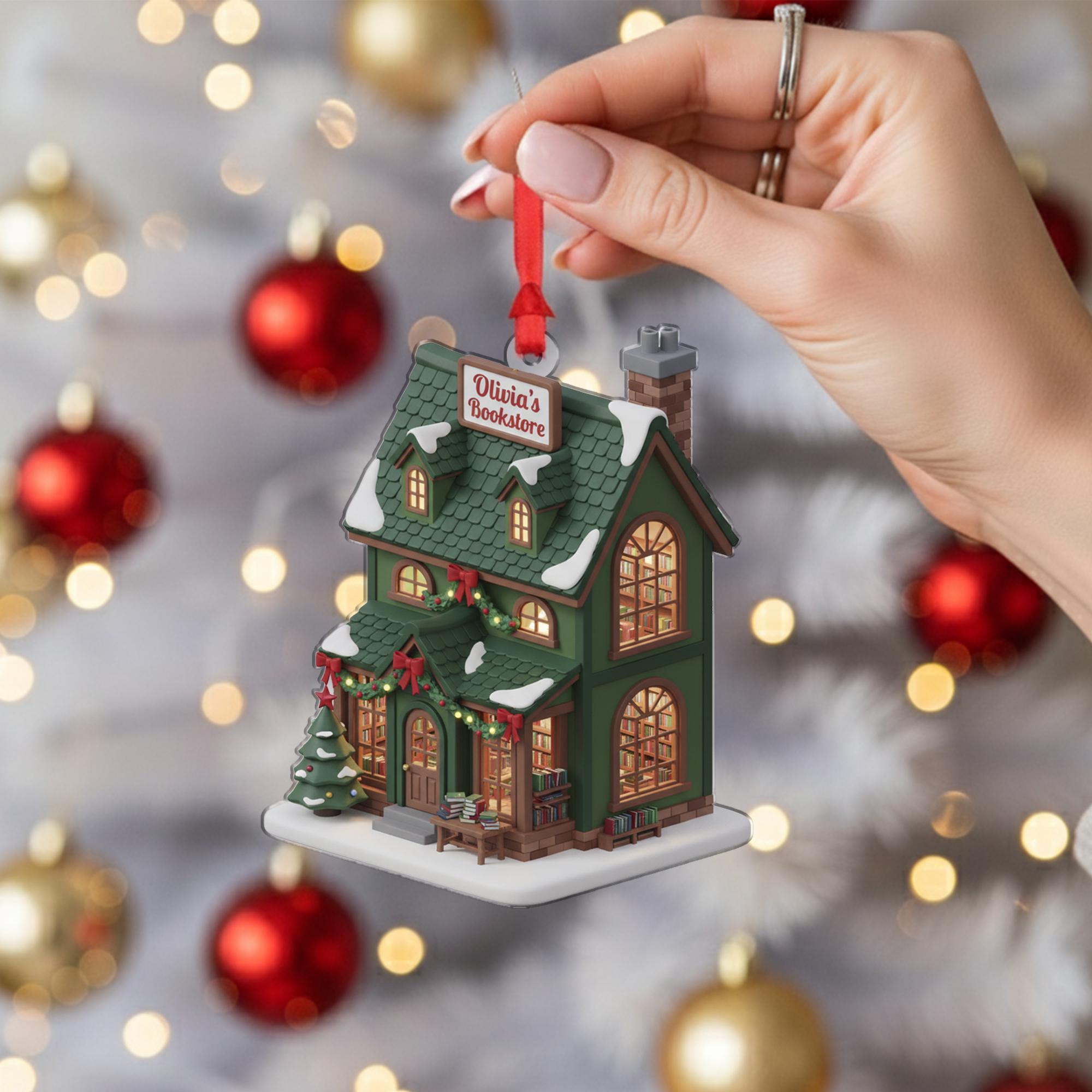 Personalized Bookstore Christmas Ornament: Miniature Building Decor