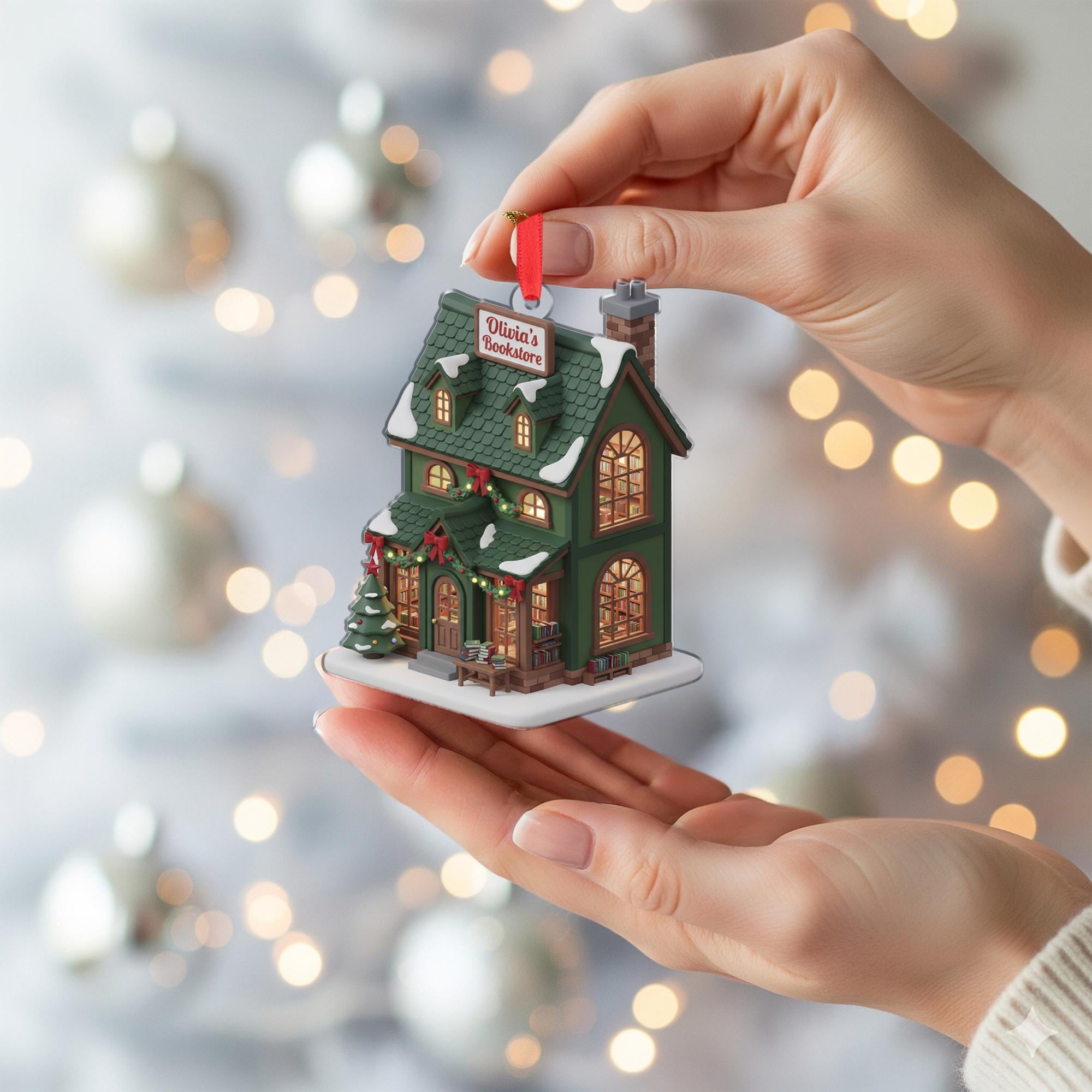 Personalized Bookstore Christmas Ornament: Miniature Building Decor