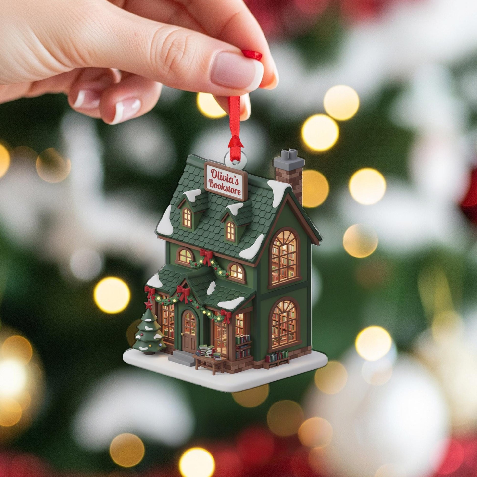 Personalized Bookstore Christmas Ornament: Miniature Building Decor