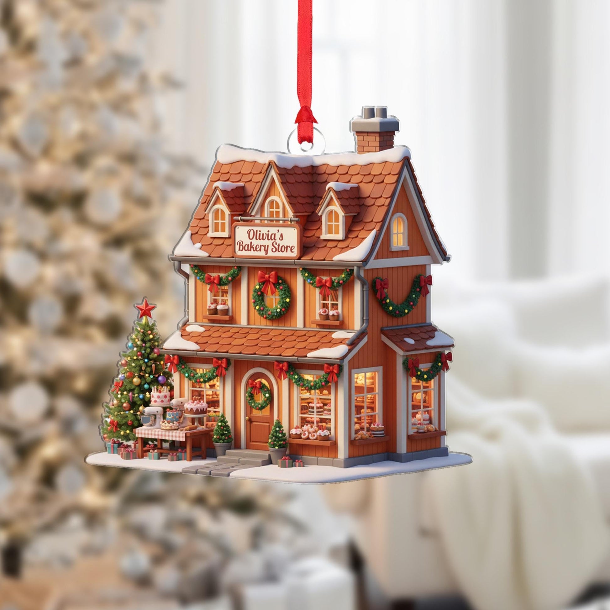 Personalized Bakery Ornament: Miniature Storefront with Custom Name Sign, Christmas Tree Decoration for Bakers