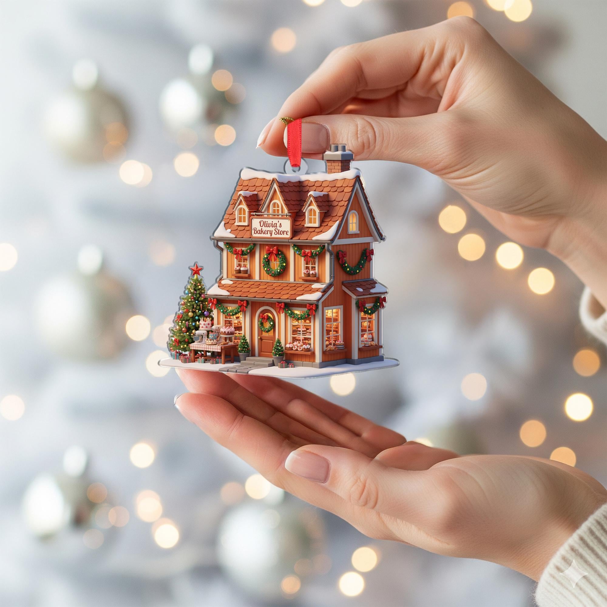 Personalized Bakery Ornament: Miniature Storefront with Custom Name Sign, Christmas Tree Decoration for Bakers