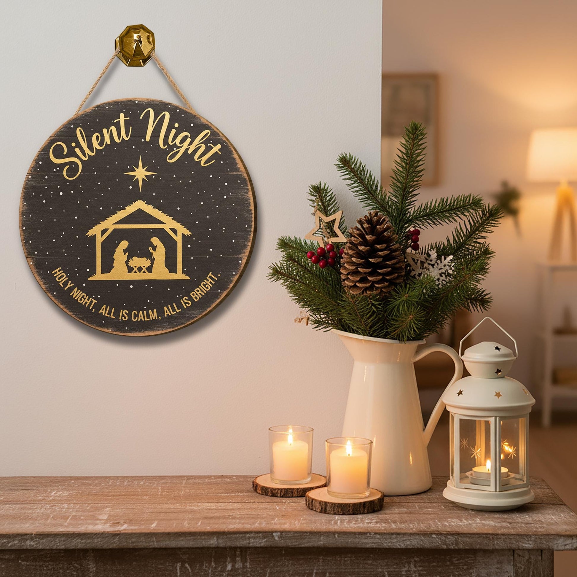Silent Night Door Sign - Holy Night Nativity Christmas Hanger, Religious Holiday Decor