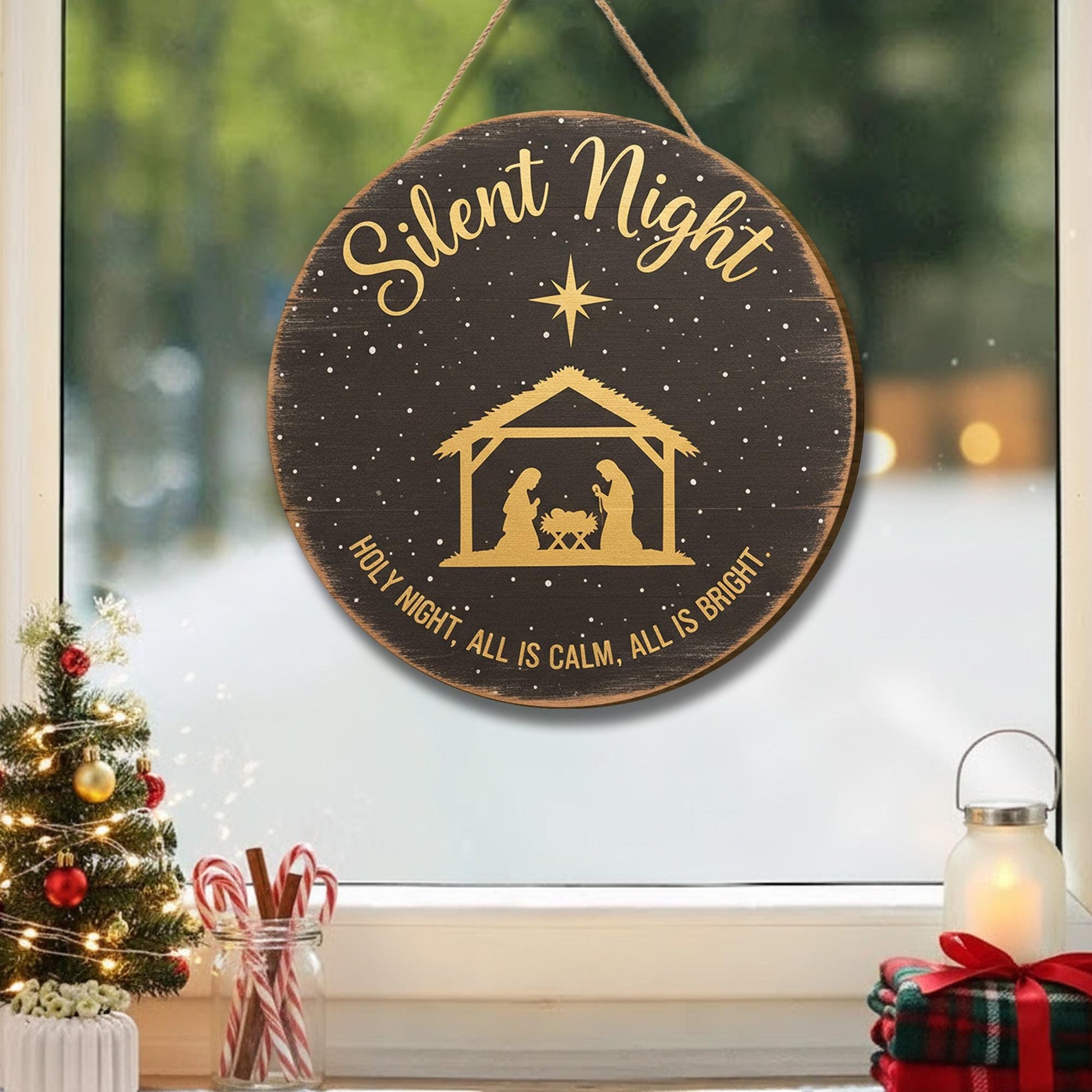 Silent Night Door Sign - Holy Night Nativity Christmas Hanger, Religious Holiday Decor
