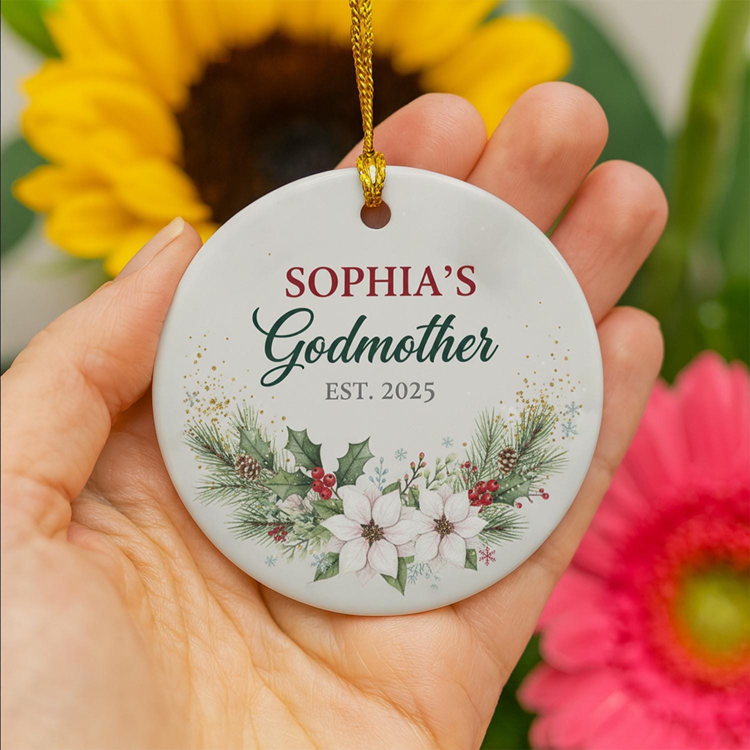 Personalized Godmother Ceramic Ornament: Custom Keepsake with Godchild's Name and Year, Floral Poinsettia Design