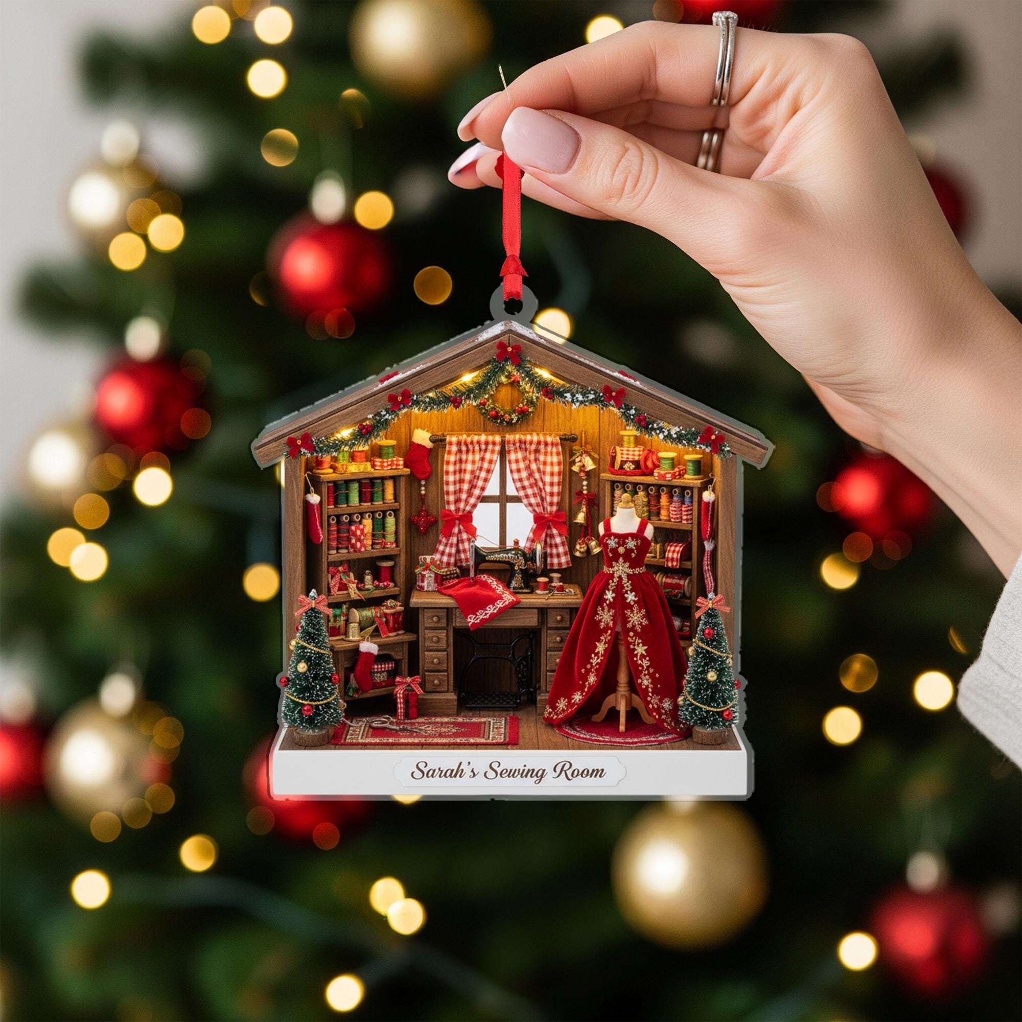 Personalized House-Shape Sewing Room Ornament with Miniature Dress & Tailor Shop Christmas Decor