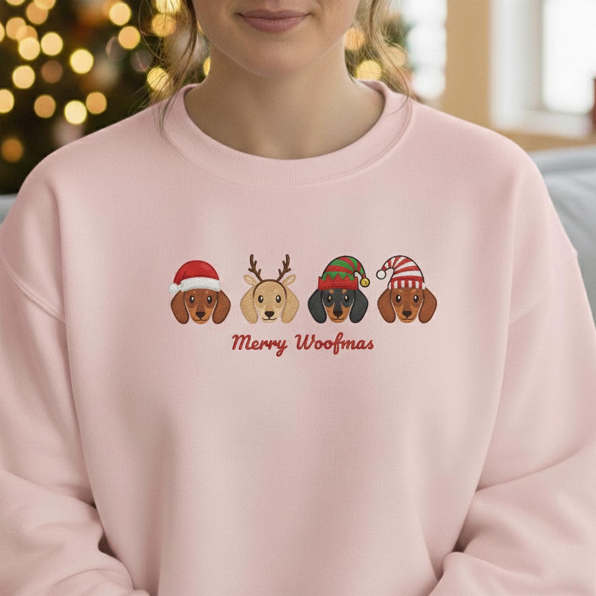 Embroidered Dachshund Sweatshirt: Merry Woofmas Doxie Pullover