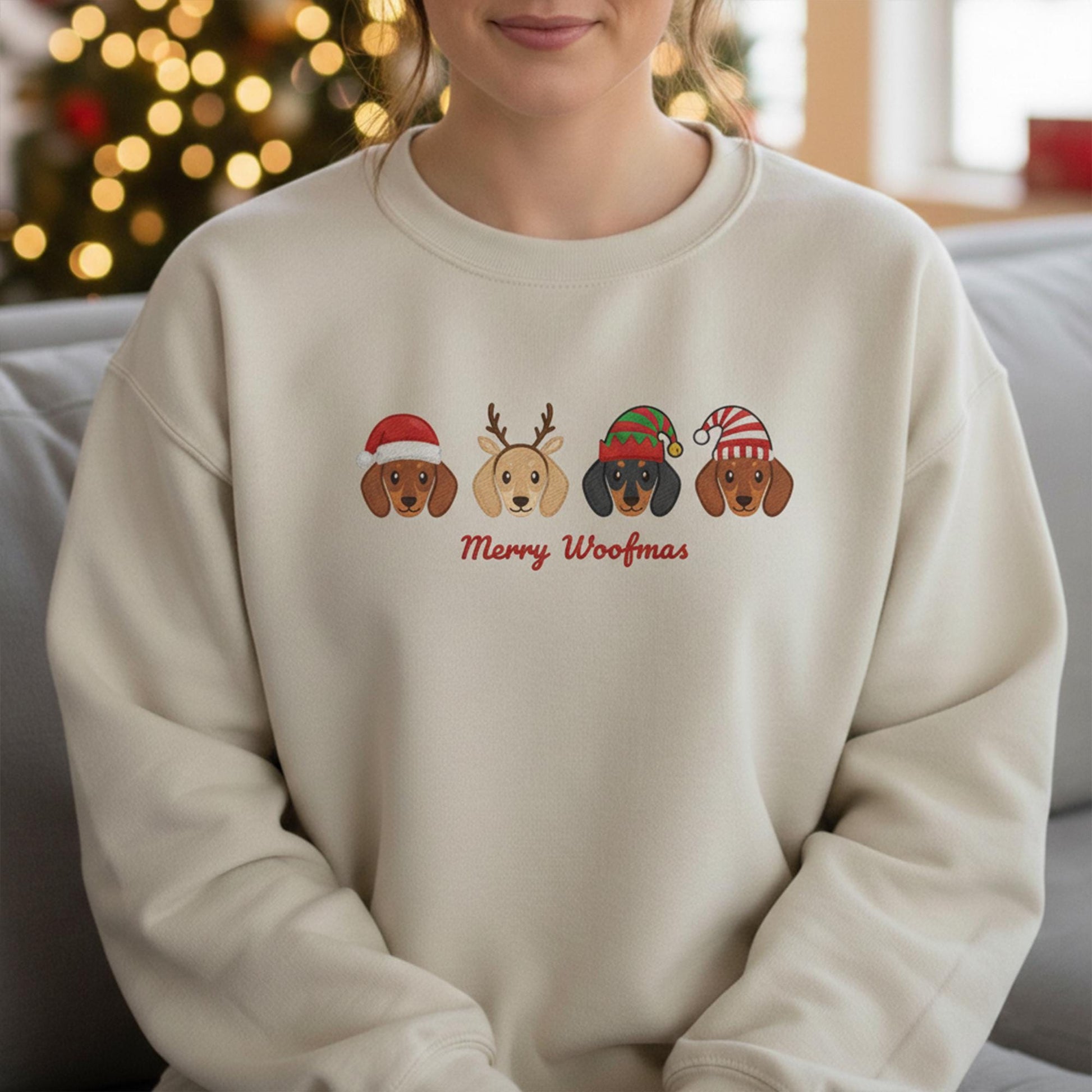Embroidered Dachshund Sweatshirt: Merry Woofmas Doxie Pullover