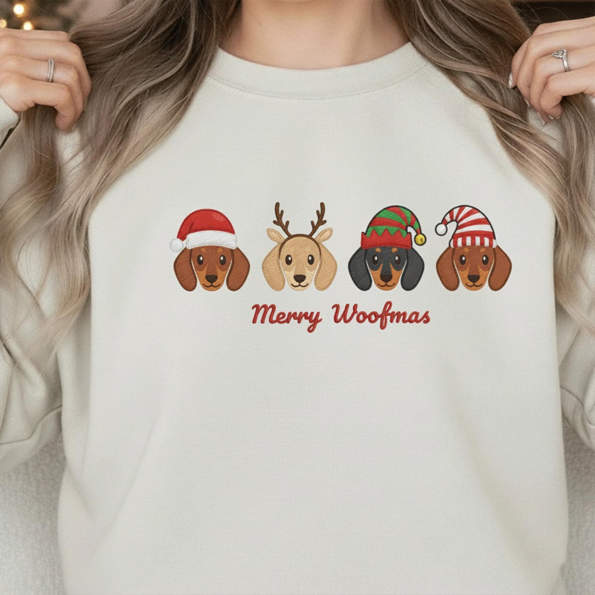 Embroidered Dachshund Sweatshirt: Merry Woofmas Doxie Pullover