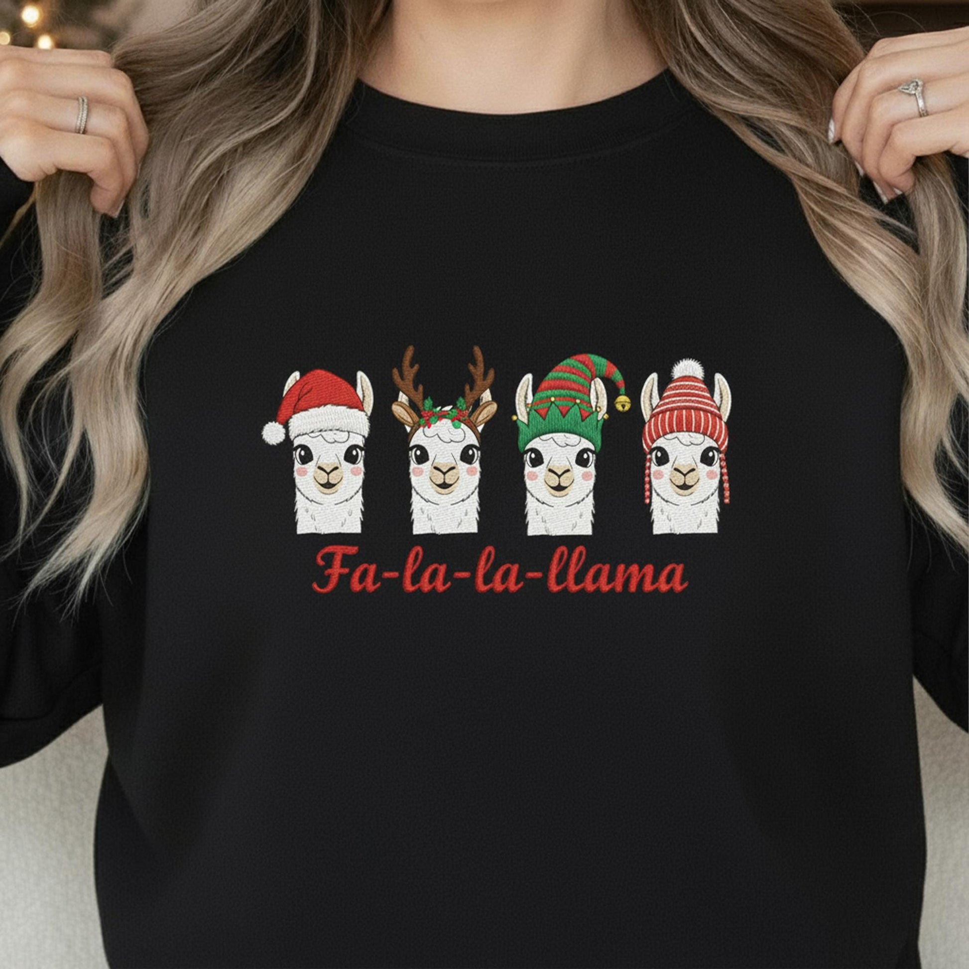 Llama Christmas Sweatshirt: "Fa-la-la-llama" Crewneck Pullover, Festive Holiday Apparel with Four Animal Faces
