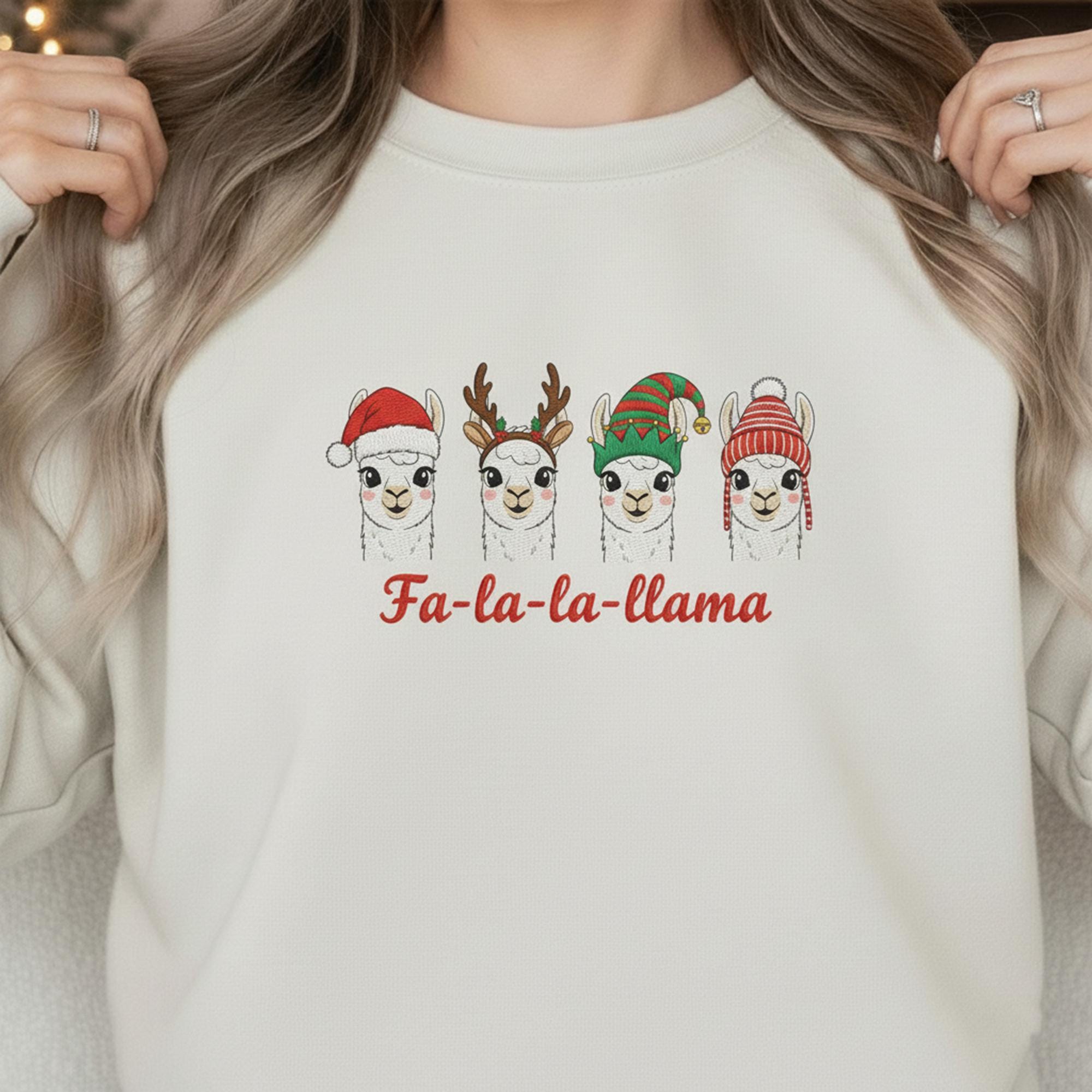 Llama Christmas Sweatshirt: "Fa-la-la-llama" Crewneck Pullover, Festive Holiday Apparel with Four Animal Faces