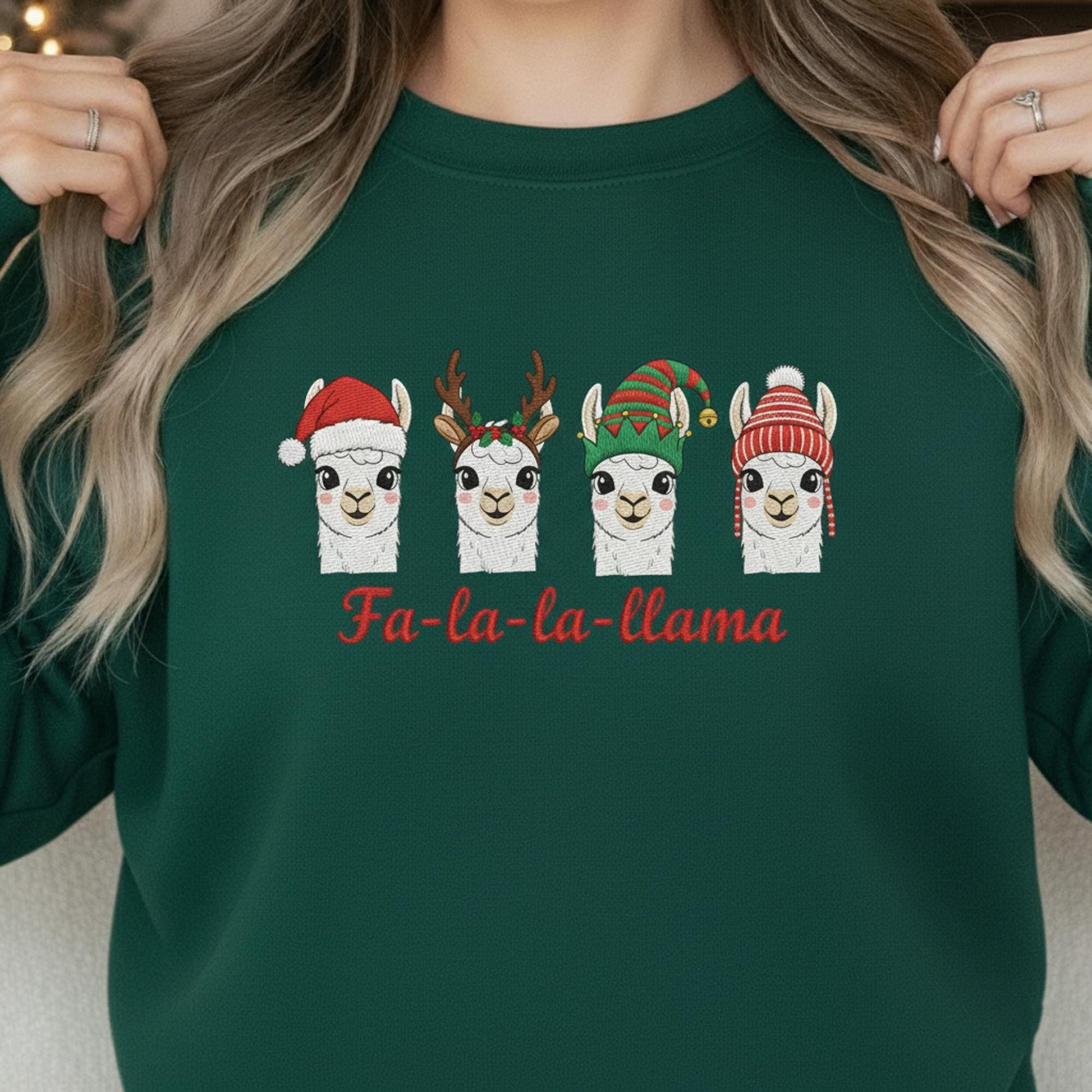 Llama Christmas Sweatshirt: "Fa-la-la-llama" Crewneck Pullover, Festive Holiday Apparel with Four Animal Faces