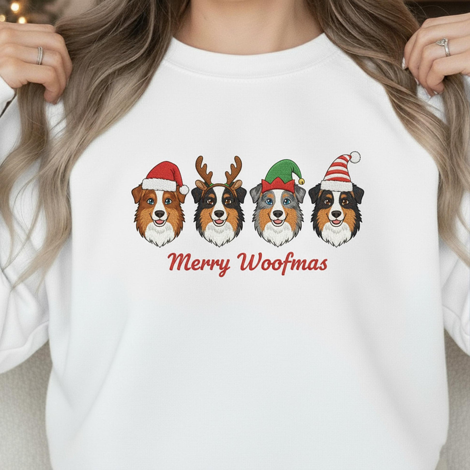 Embroidered Australian Shepherd Sweatshirt: Merry Woofmas Holiday Apparel