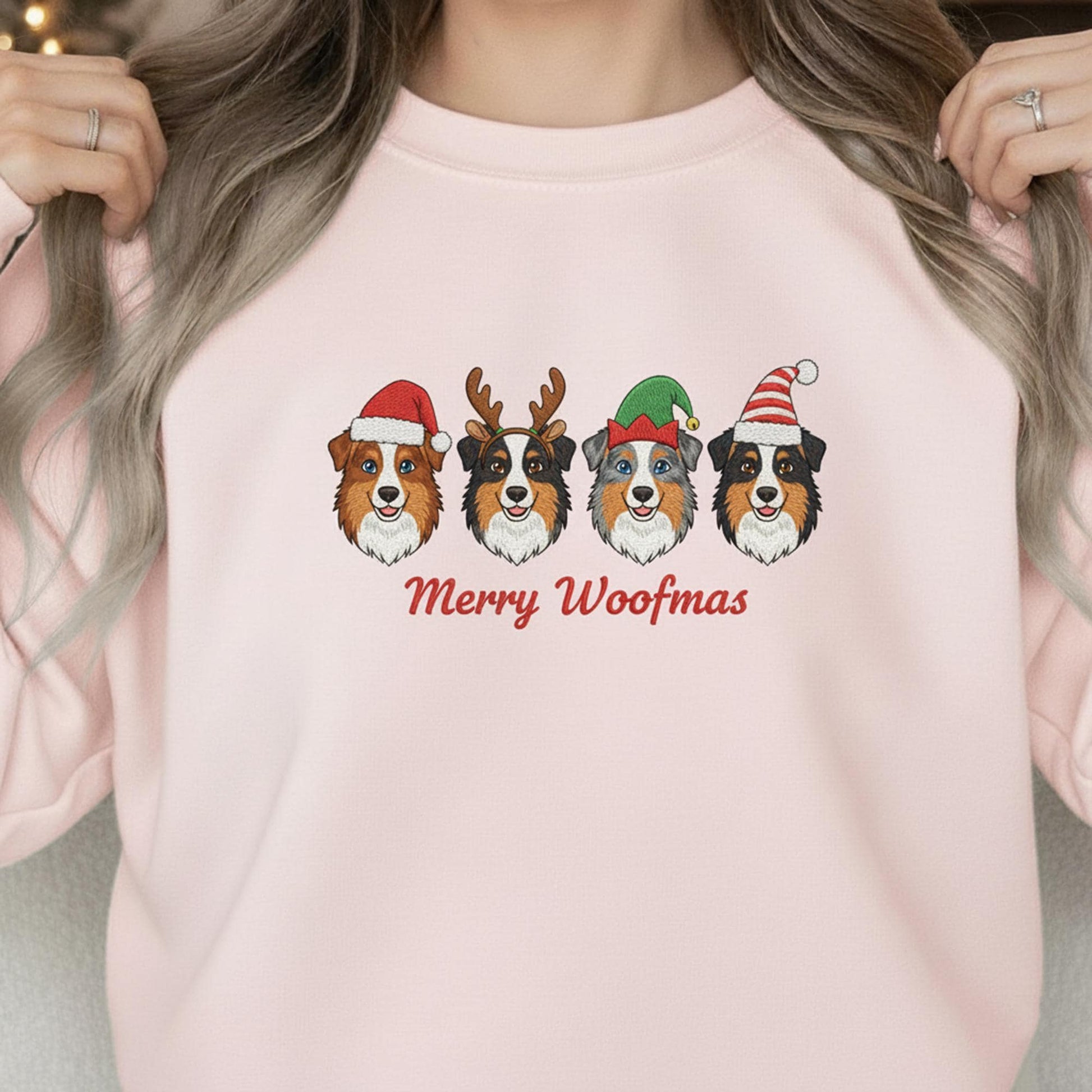 Embroidered Australian Shepherd Sweatshirt: Merry Woofmas Holiday Apparel