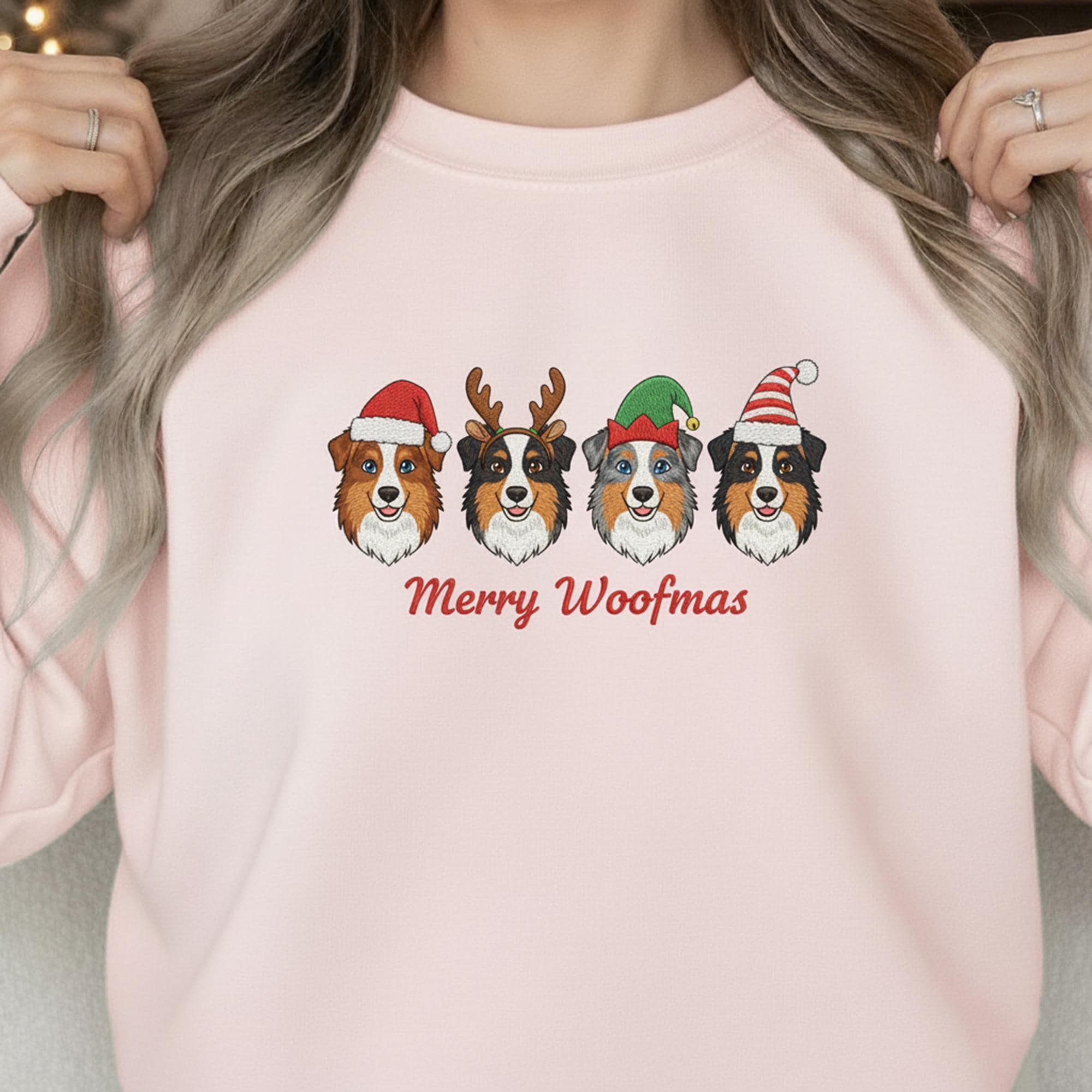 Embroidered Australian Shepherd Sweatshirt: Merry Woofmas Holiday Apparel