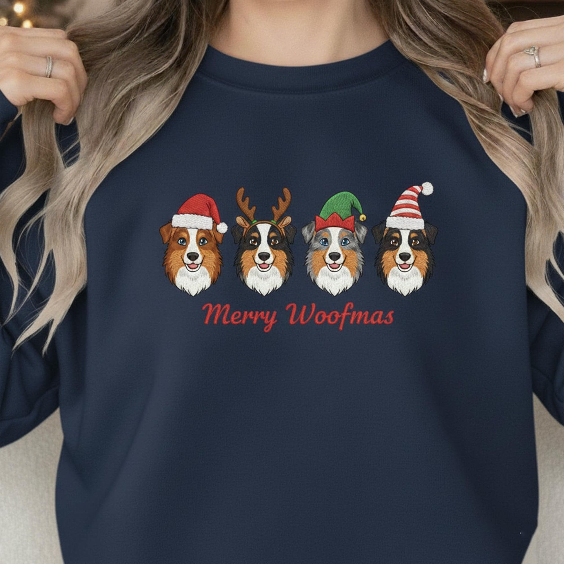 Embroidered Australian Shepherd Sweatshirt: Merry Woofmas Holiday Apparel