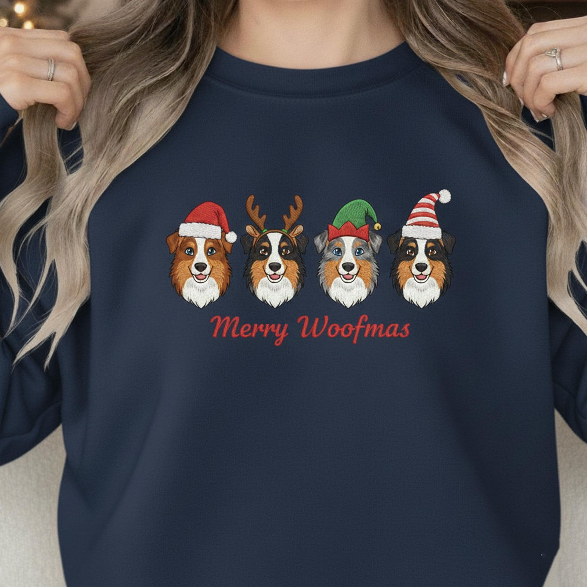 Embroidered Australian Shepherd Sweatshirt: Merry Woofmas Holiday Apparel