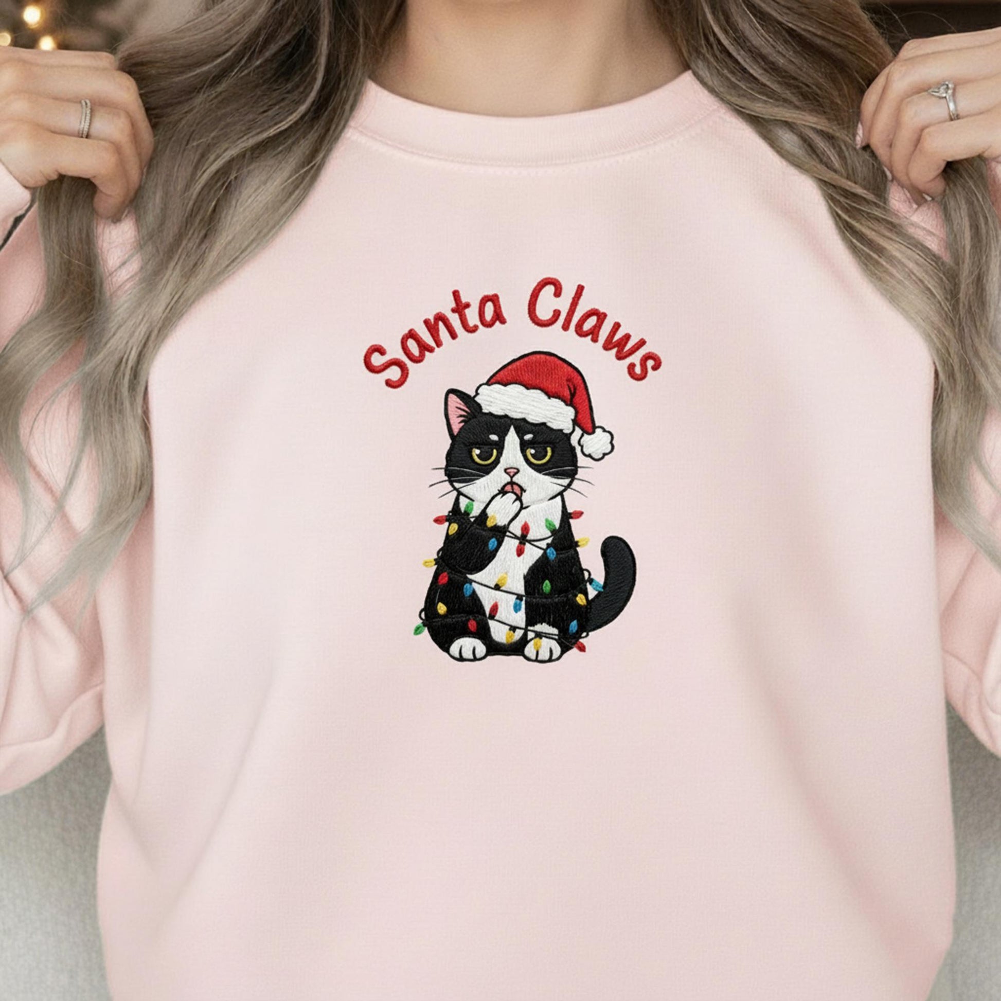 Embroidered Cat Sweatshirt: "Santa Claws" Crewneck Pullover with Funny Tuxedo Cat, Christmas Holiday Apparel