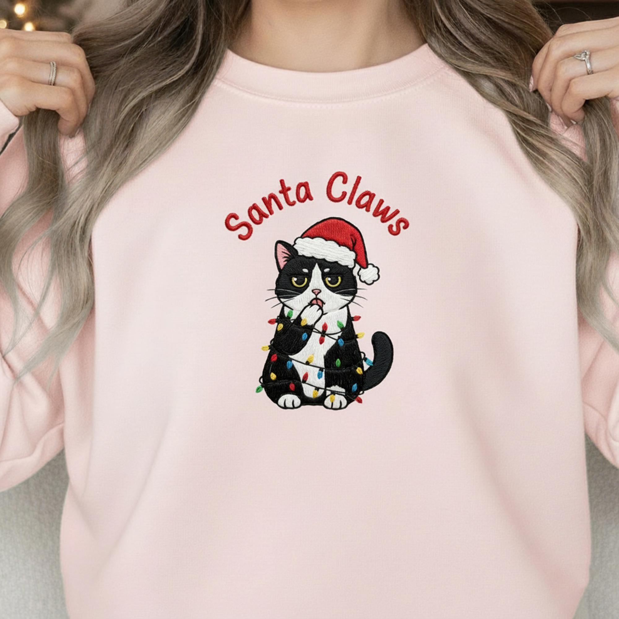 Embroidered Cat Sweatshirt: "Santa Claws" Crewneck Pullover with Funny Tuxedo Cat, Christmas Holiday Apparel