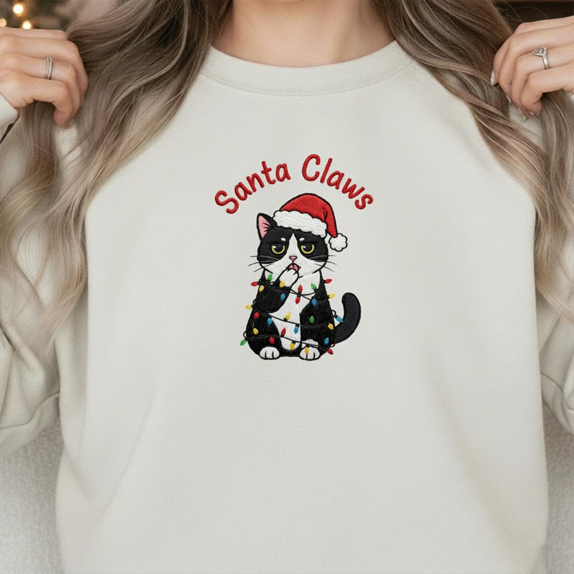 Embroidered Cat Sweatshirt: "Santa Claws" Crewneck Pullover with Funny Tuxedo Cat, Christmas Holiday Apparel
