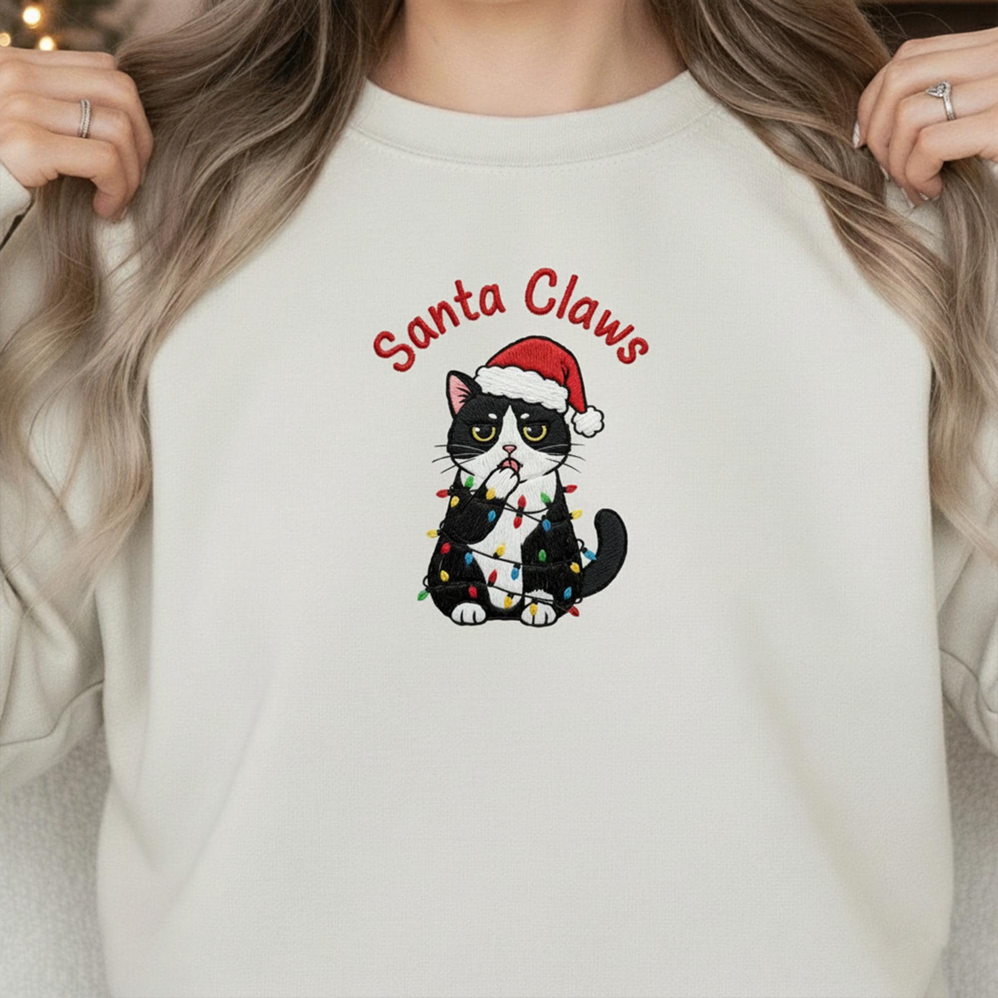Embroidered Cat Sweatshirt: "Santa Claws" Crewneck Pullover with Funny Tuxedo Cat, Christmas Holiday Apparel