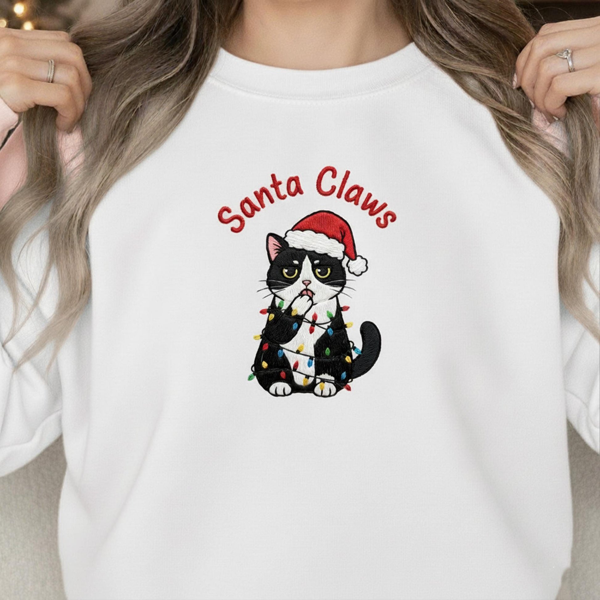 Embroidered Cat Sweatshirt: "Santa Claws" Crewneck Pullover with Funny Tuxedo Cat, Christmas Holiday Apparel