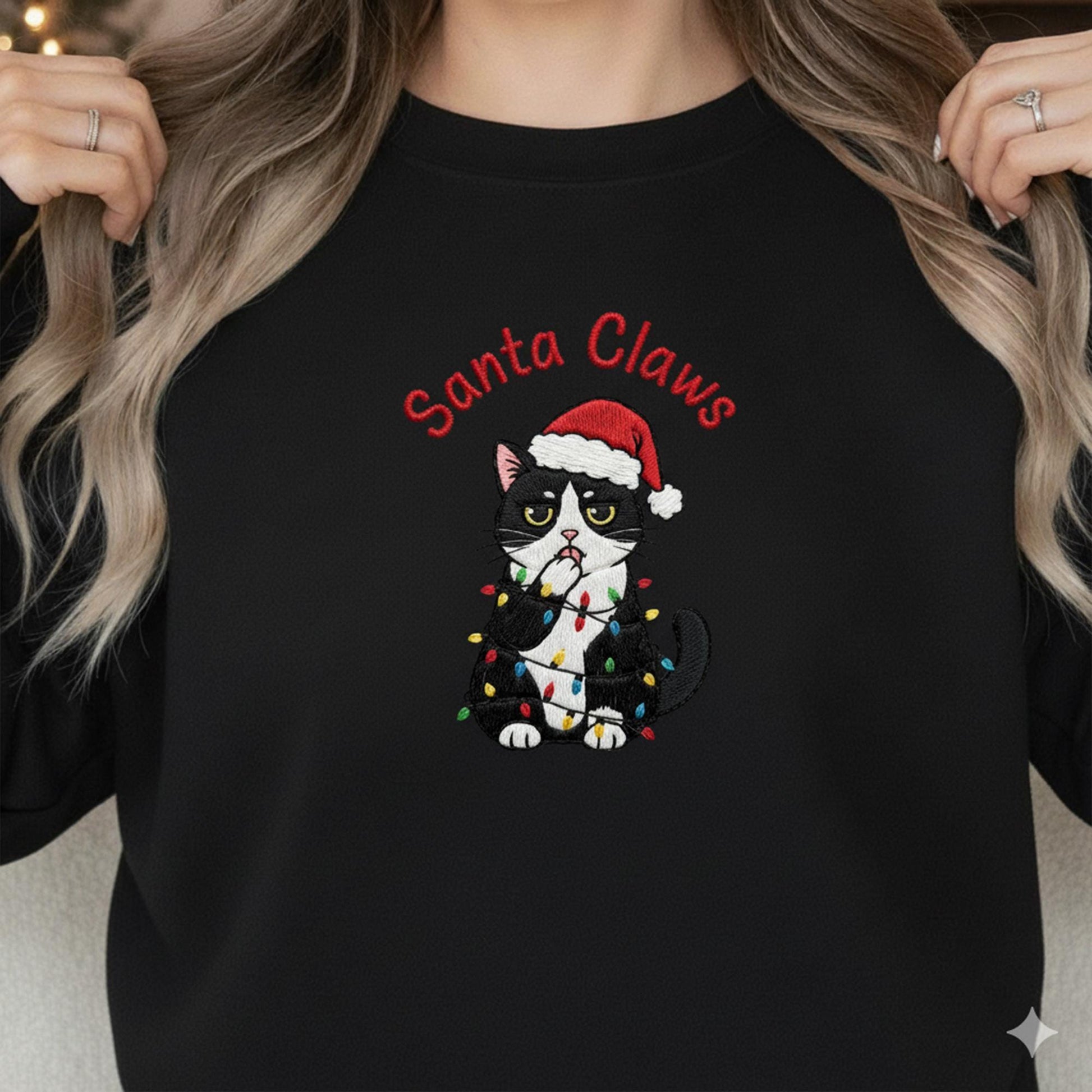 Embroidered Cat Sweatshirt: "Santa Claws" Crewneck Pullover with Funny Tuxedo Cat, Christmas Holiday Apparel