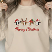 Embroidered Cow Sweatshirt: "Mooey Christmas" Crewneck Pullover with Festive Heifer Faces, Farm Animal Apparel