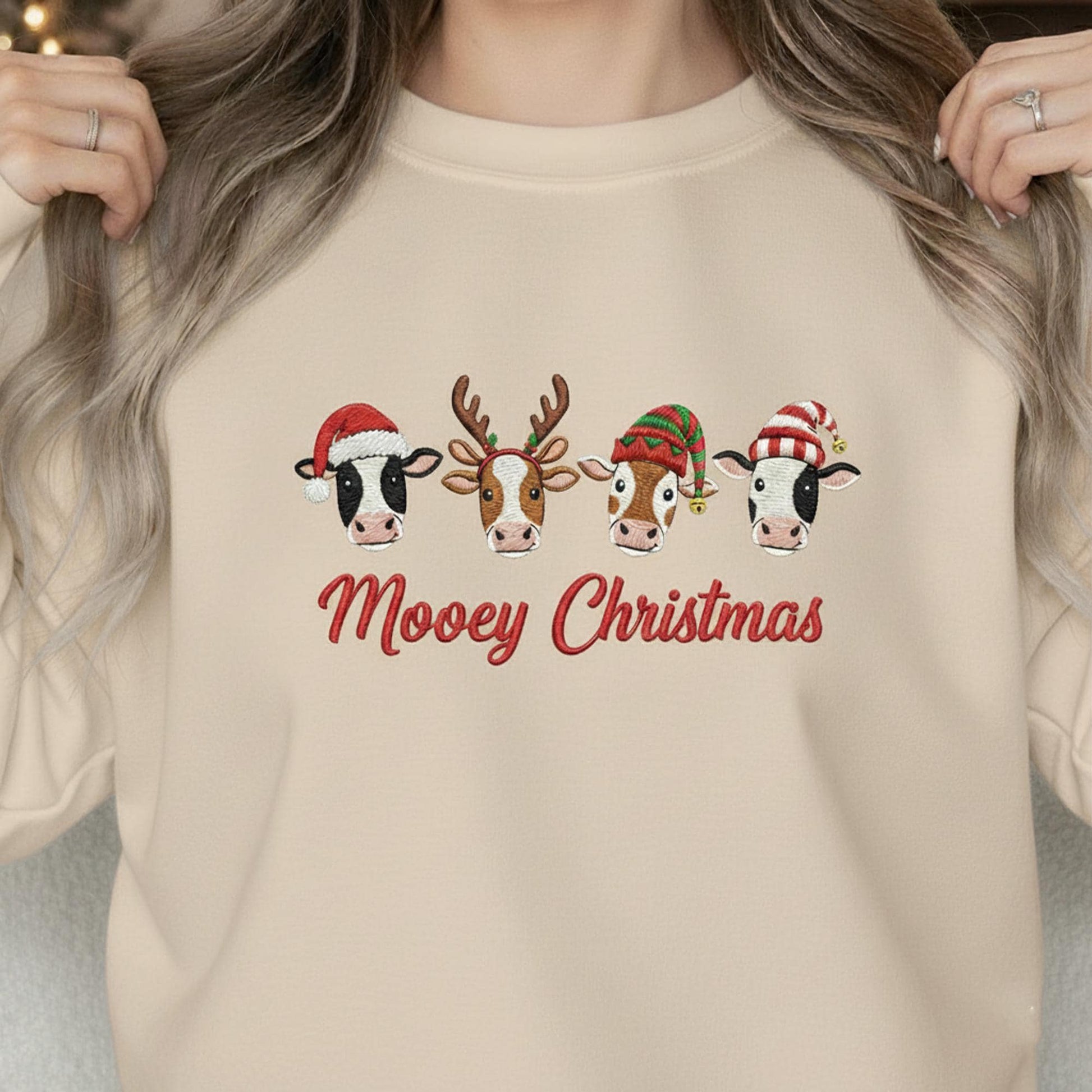 Embroidered Cow Sweatshirt: "Mooey Christmas" Crewneck Pullover with Festive Heifer Faces, Farm Animal Apparel