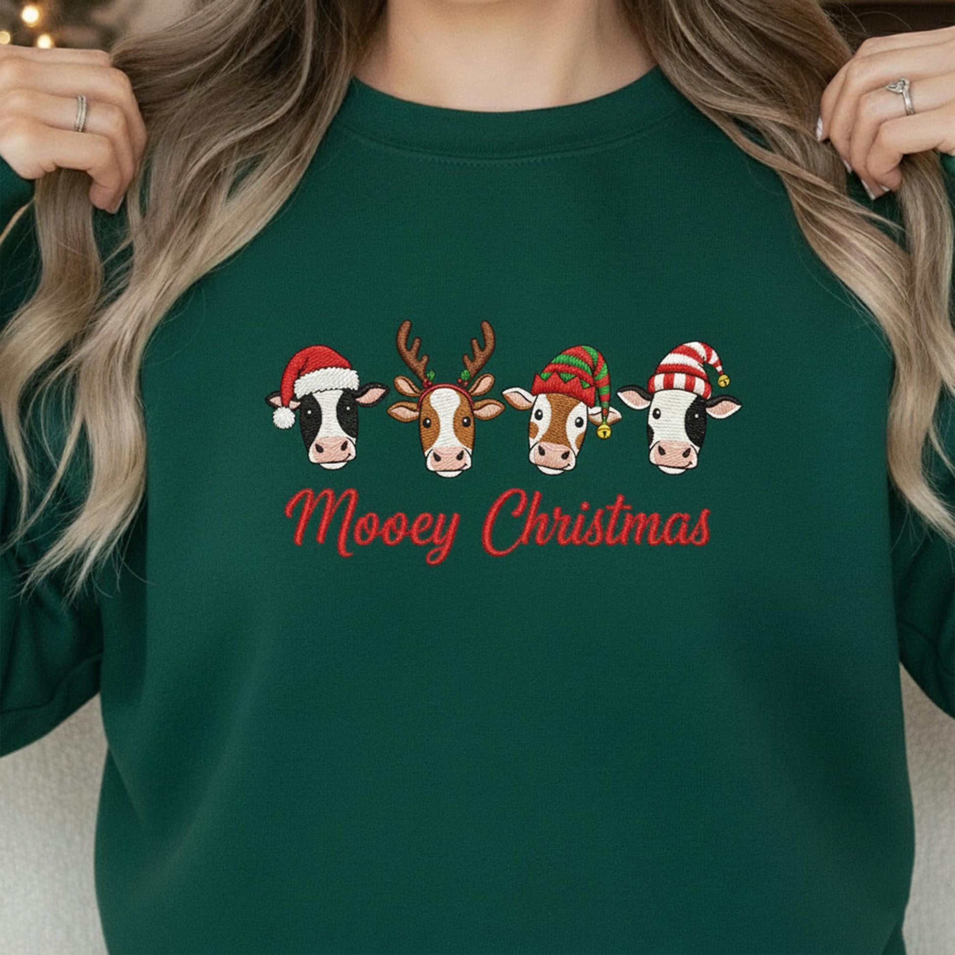 Embroidered Cow Sweatshirt: "Mooey Christmas" Crewneck Pullover with Festive Heifer Faces, Farm Animal Apparel