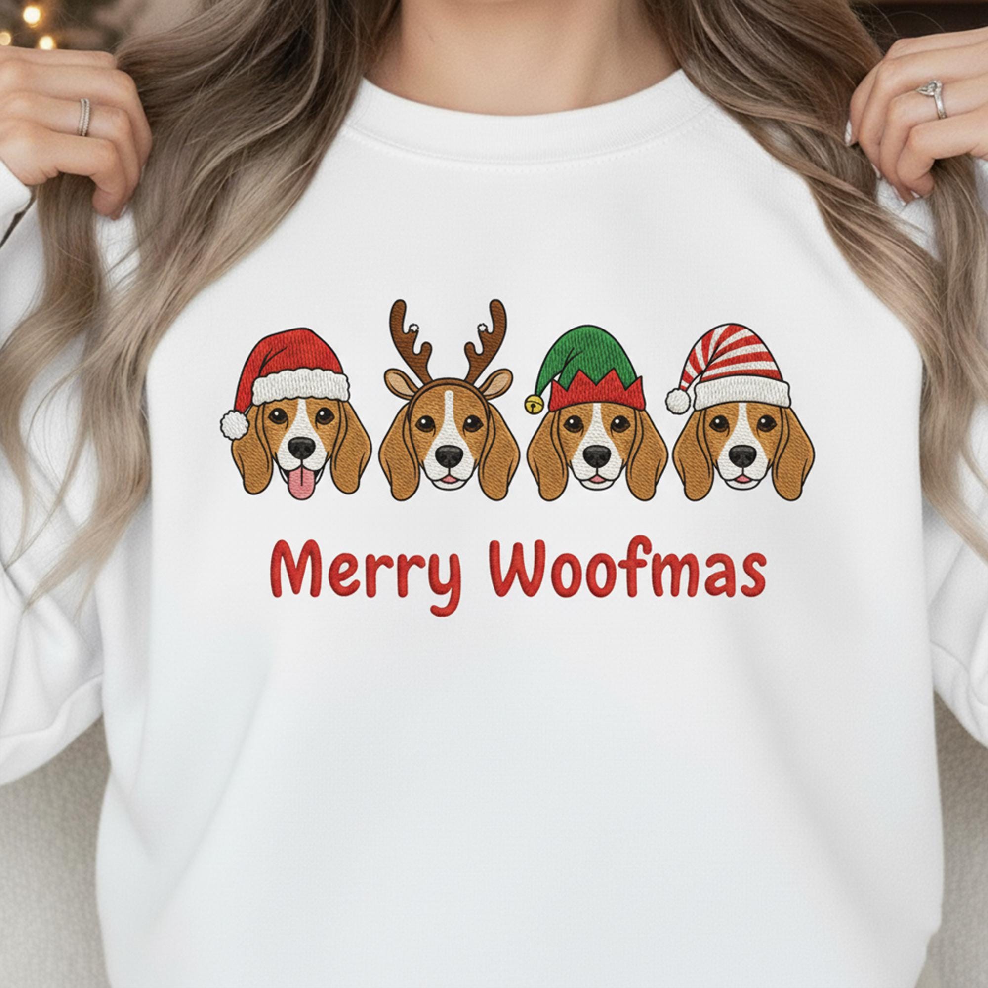 Embroidered Beagle Christmas Sweatshirt: Merry Woofmas Crewneck