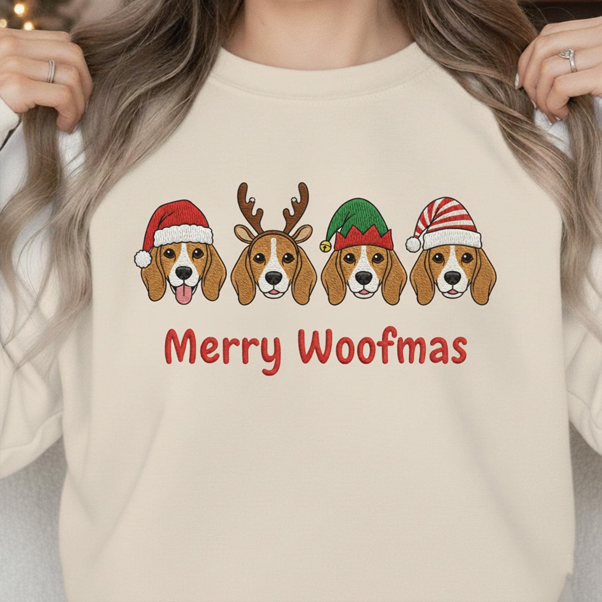 Embroidered Beagle Christmas Sweatshirt: Merry Woofmas Crewneck