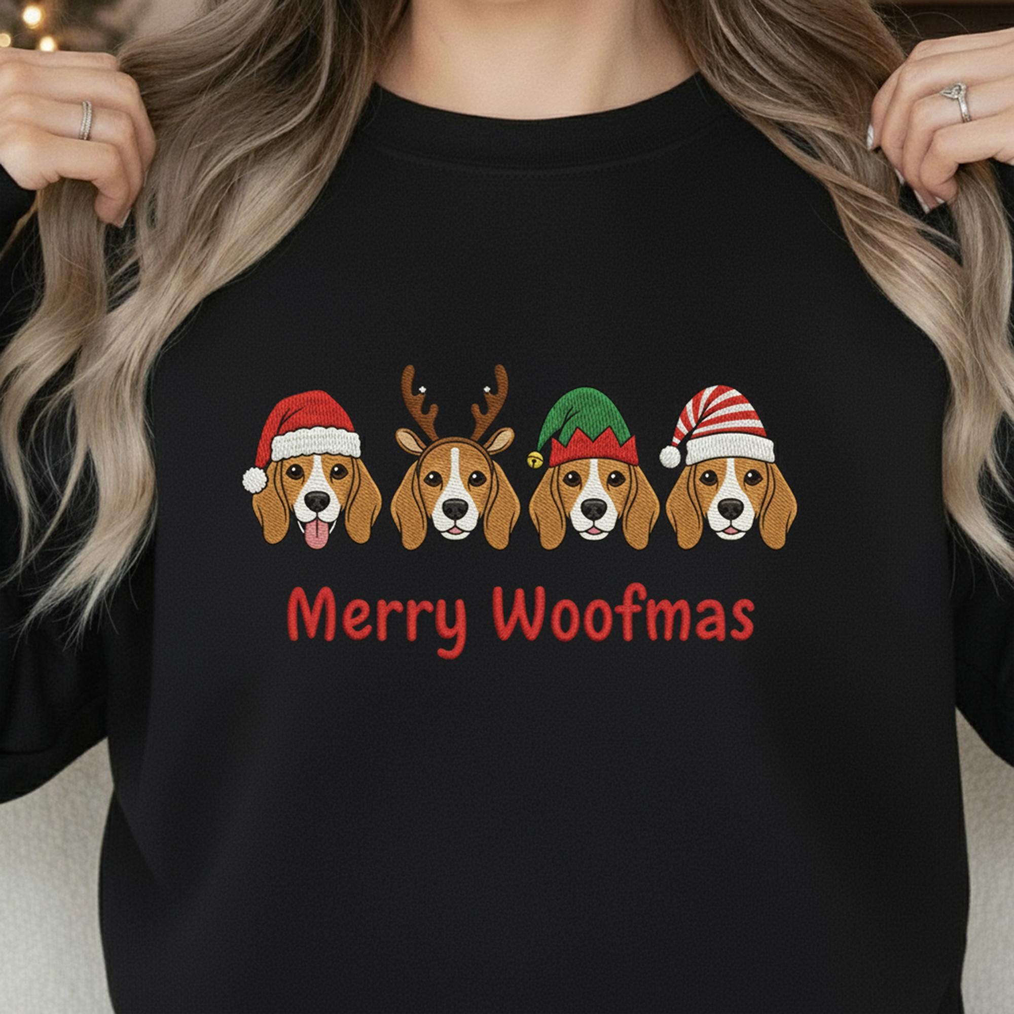 Embroidered Beagle Christmas Sweatshirt: Merry Woofmas Crewneck