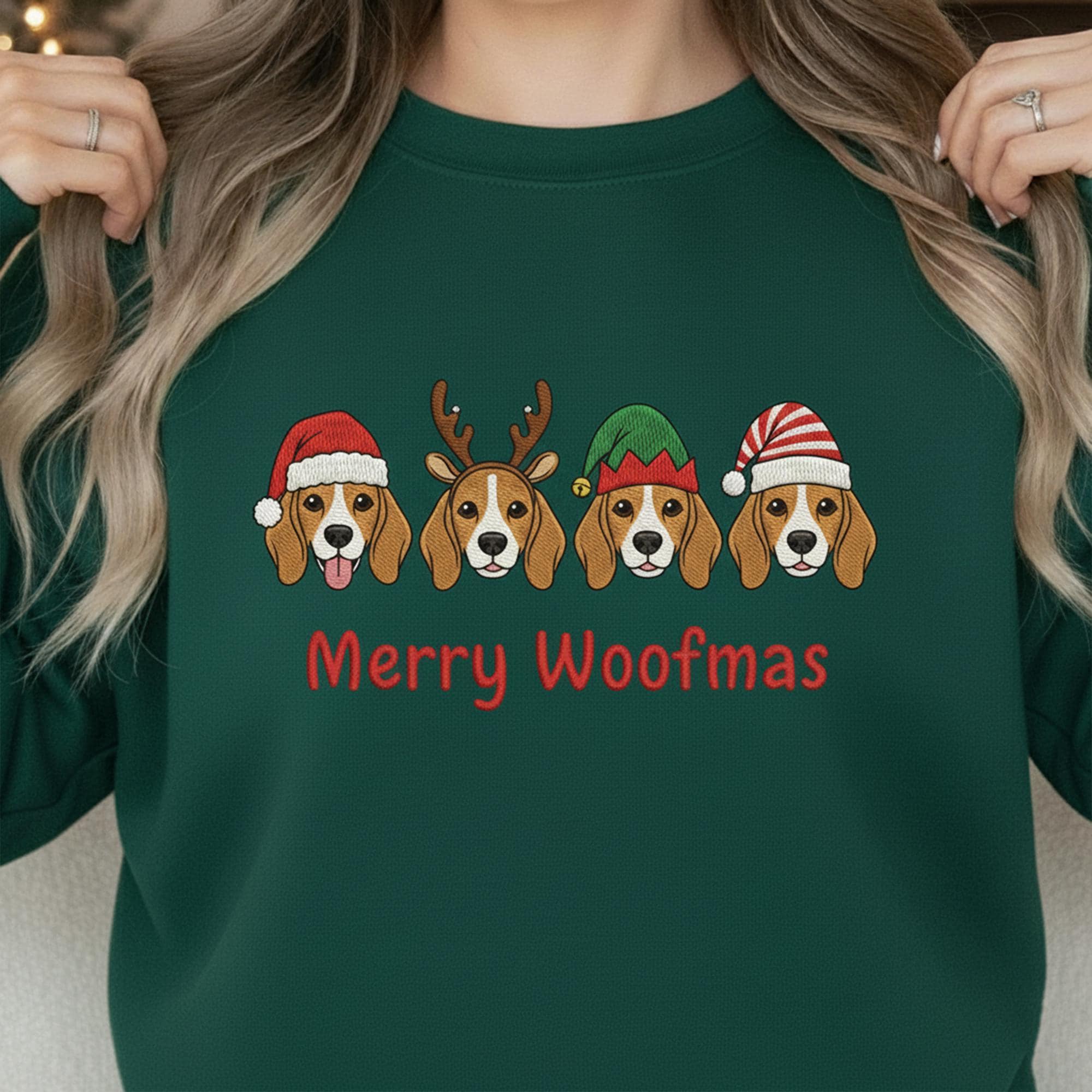 Embroidered Beagle Christmas Sweatshirt: Merry Woofmas Crewneck