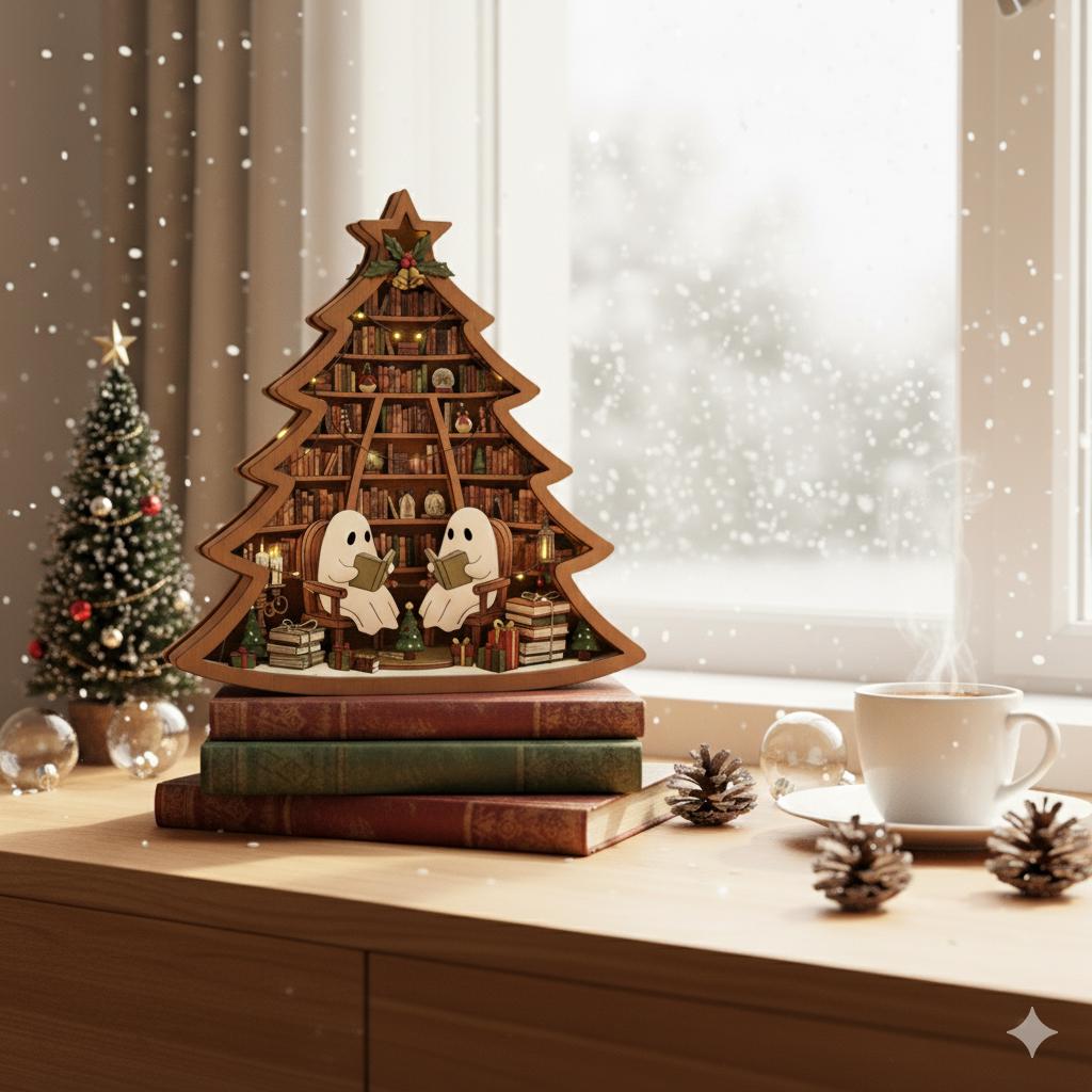 Ghost Christmas Tree Wooden Block – Cozy Book Lover Holiday Decoration