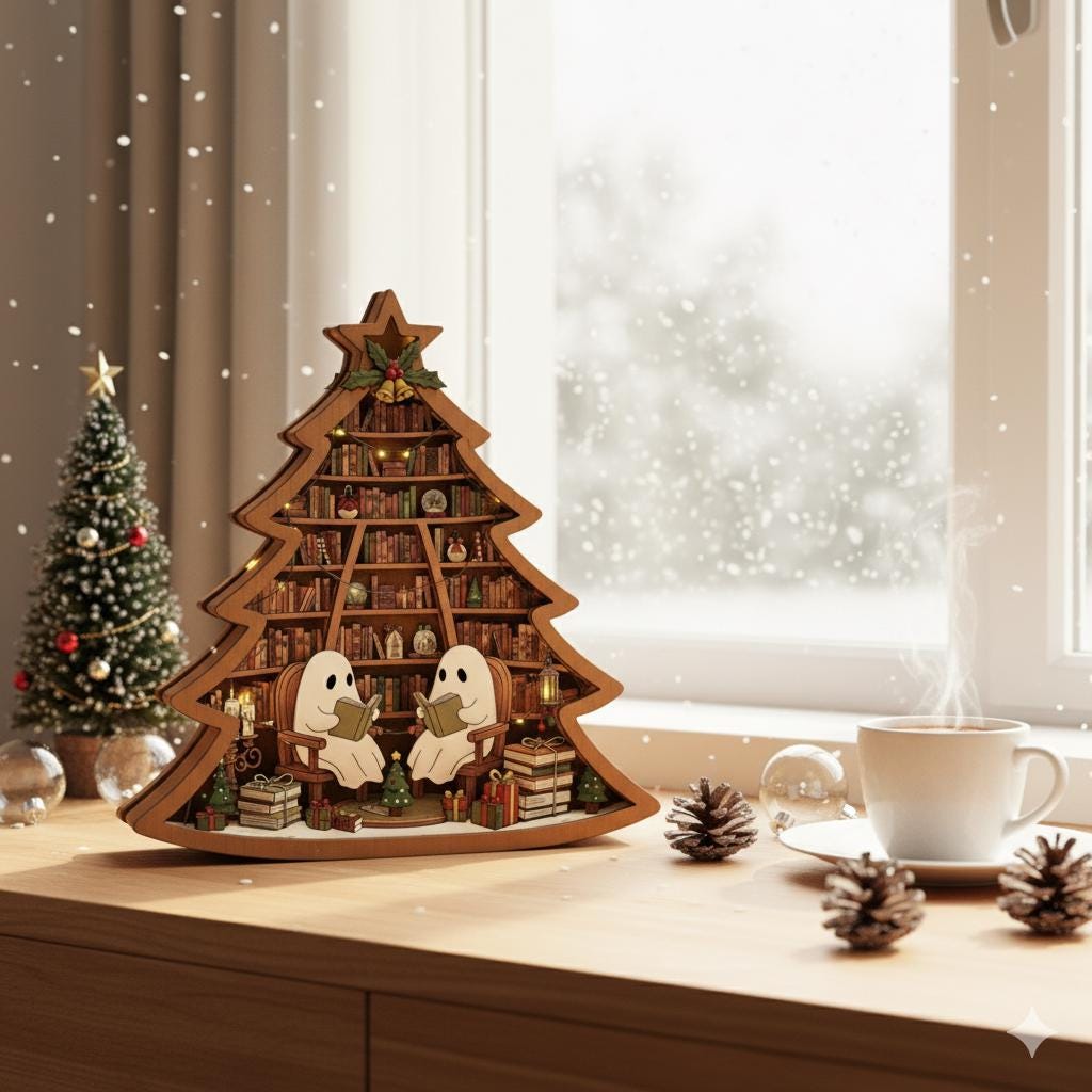 Ghost Christmas Tree Wooden Block – Cozy Book Lover Holiday Decoration