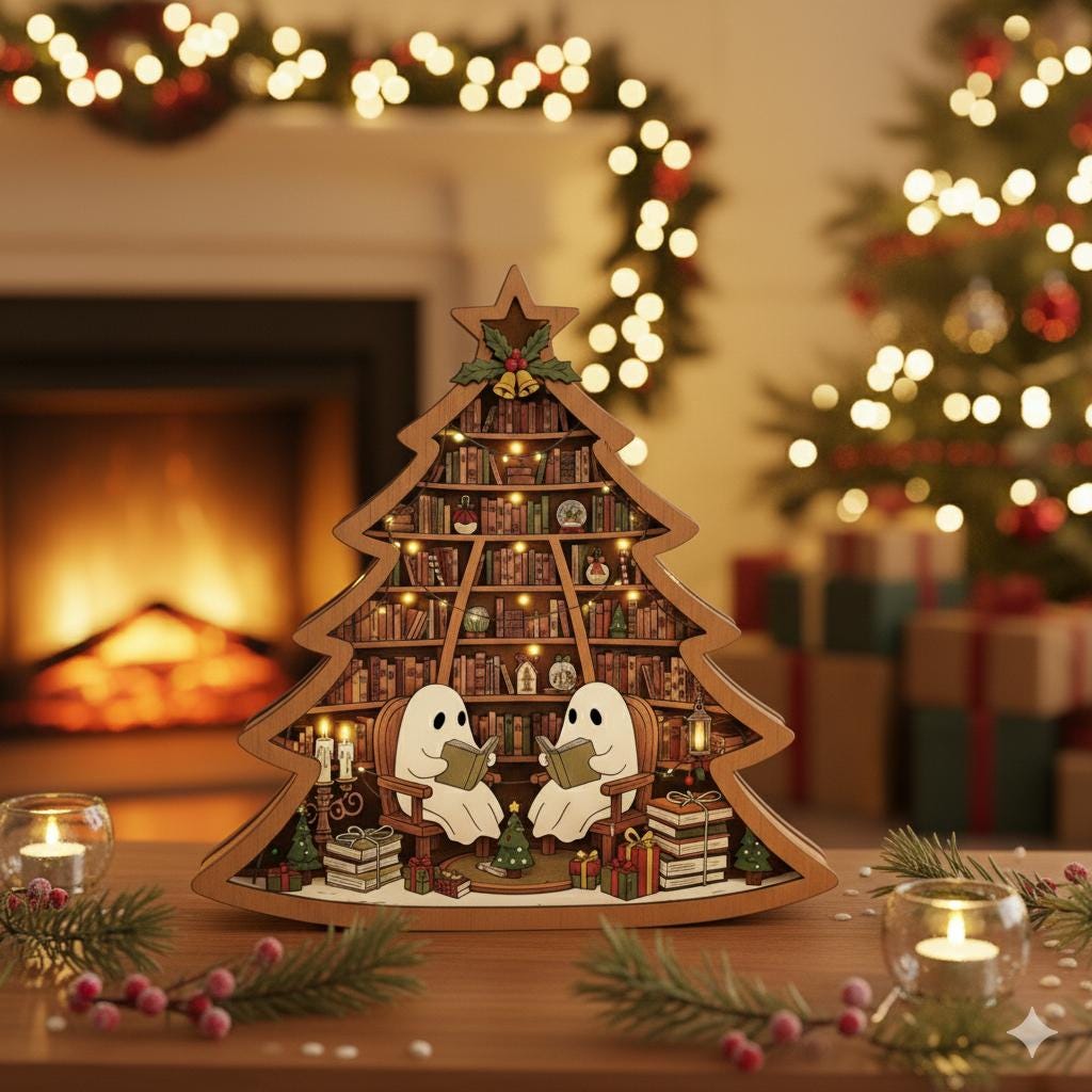 Ghost Christmas Tree Wooden Block – Cozy Book Lover Holiday Decoration